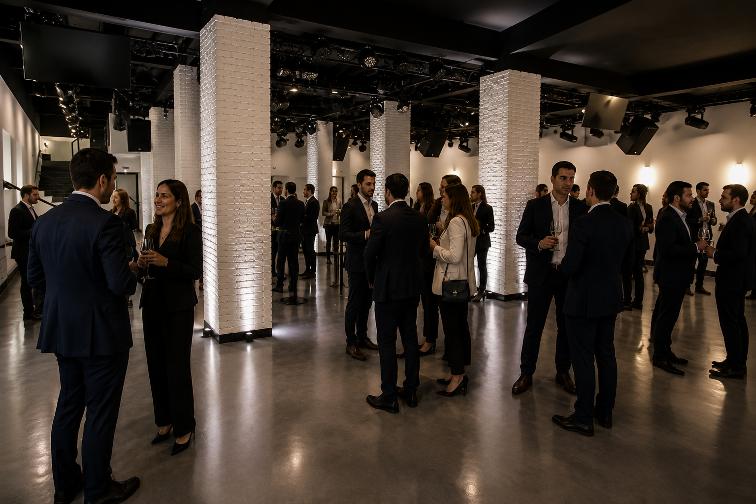 Professionals in business attire mingling at a well-lit indoor networking event with tall white pillars.