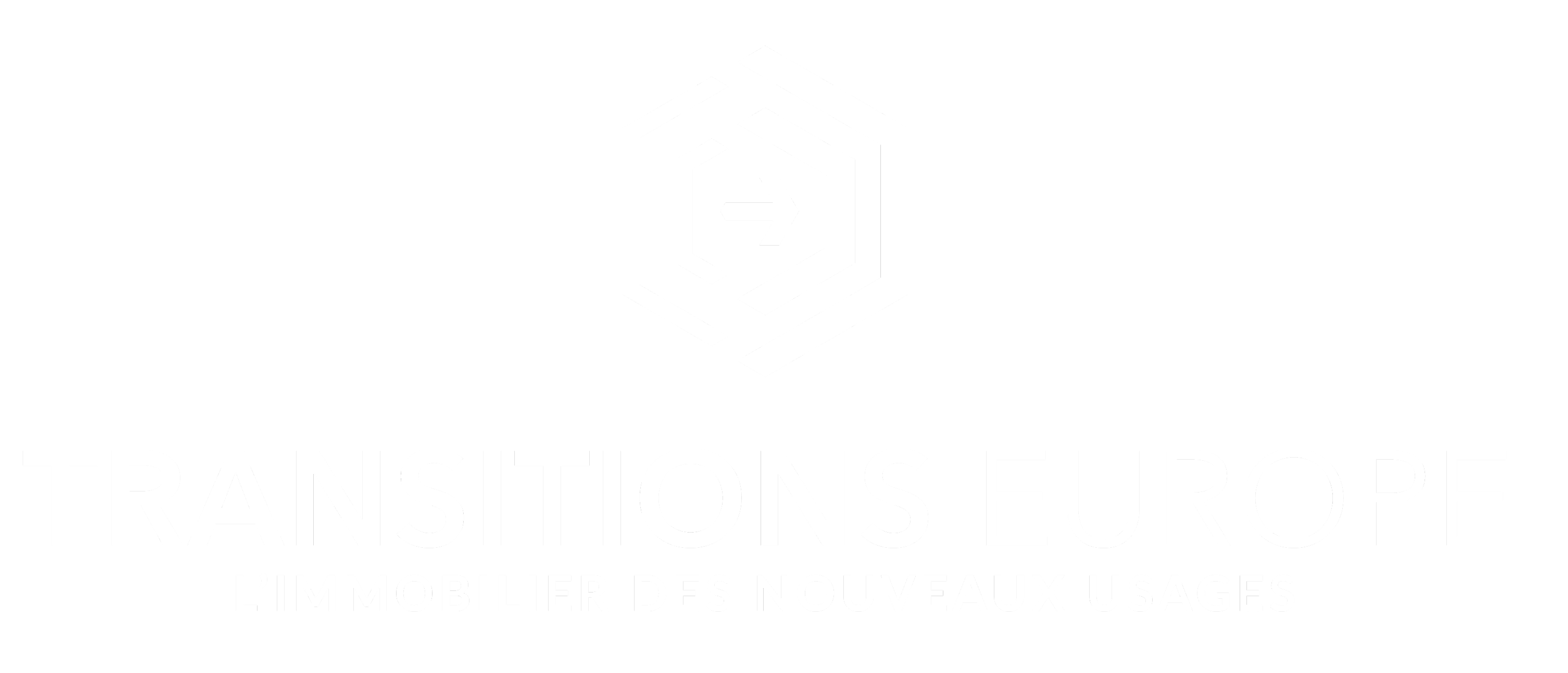White TRANSITIONS EUROPE logo with hexagon and arrow icon on a black background.
