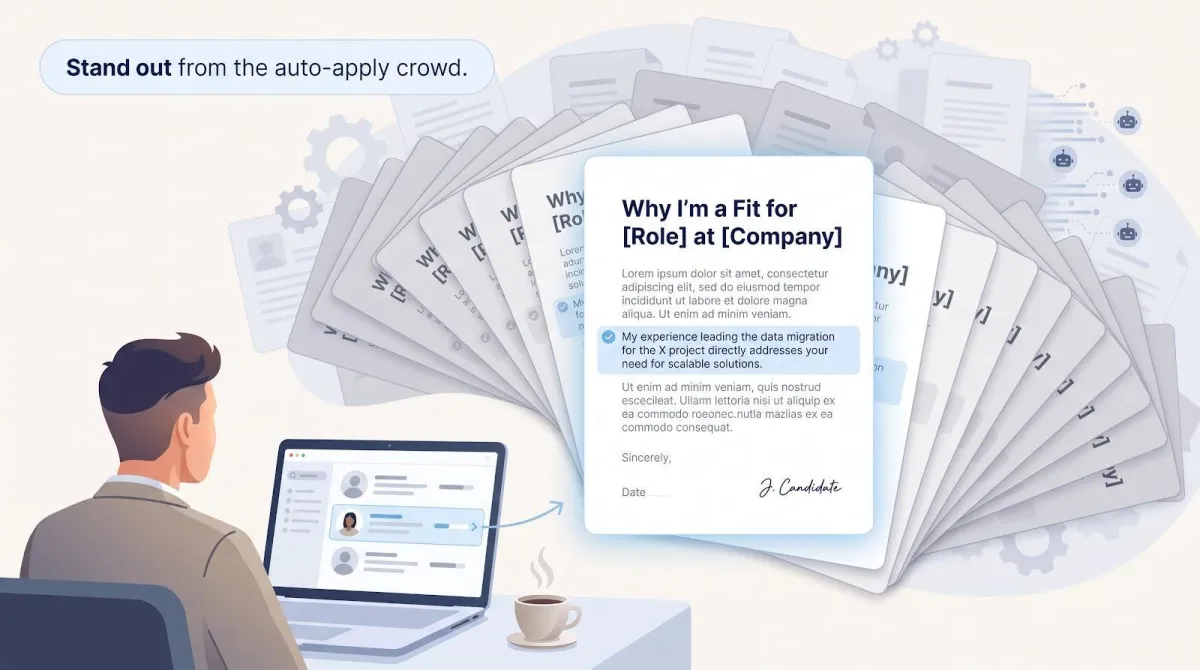 Illustration of a stack of auto-generated cover letters with one human-edited letter standing out from the crowd