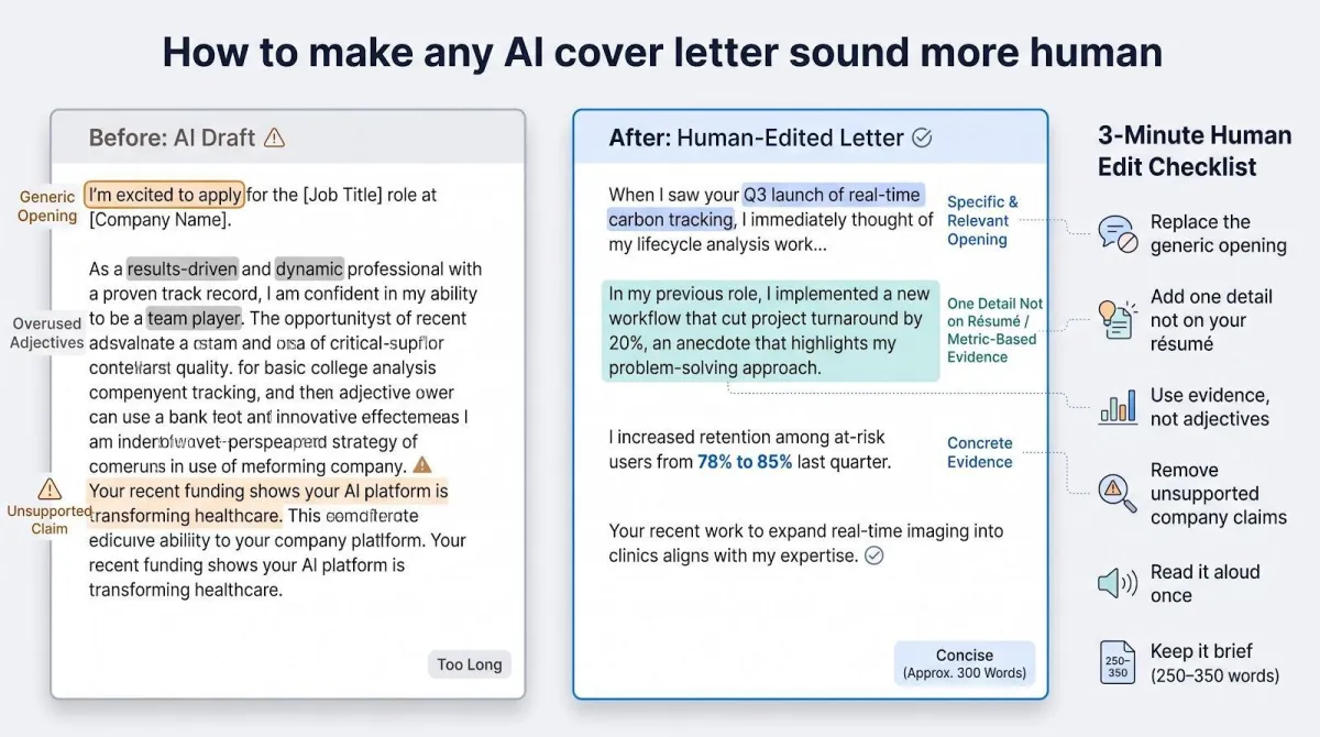 Before-and-after example of an AI cover letter draft edited to sound human, with a three-minute human edit checklist