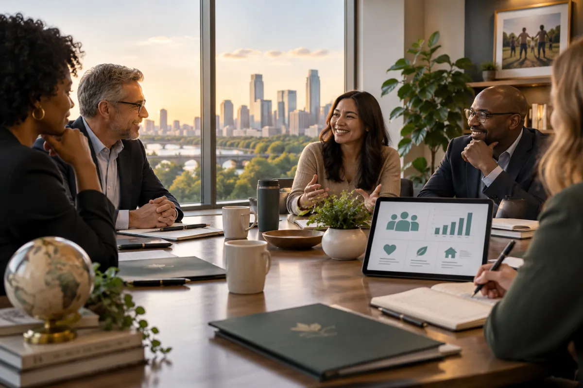 Nonprofit team meeting around a table with a laptop showing community service metrics