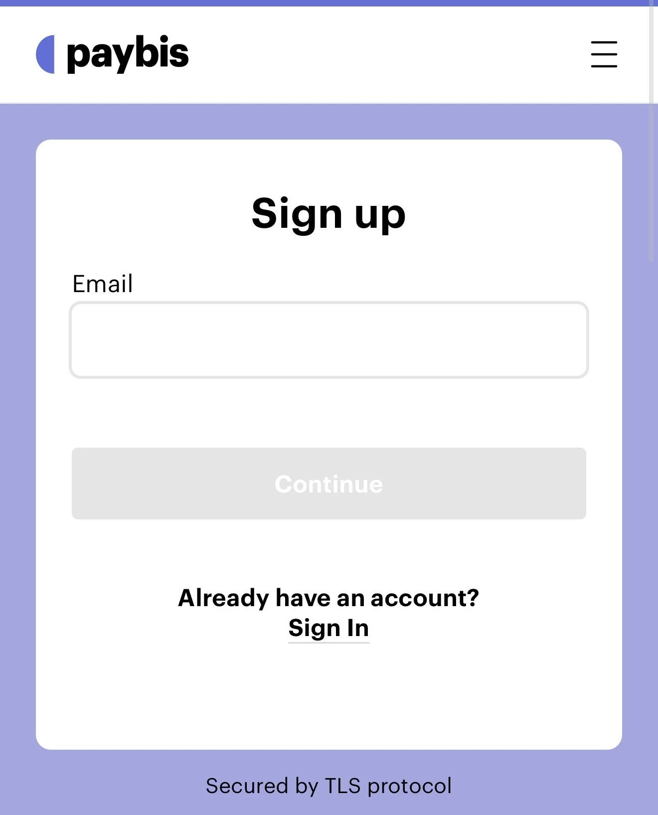 Paybis account sign-up screen