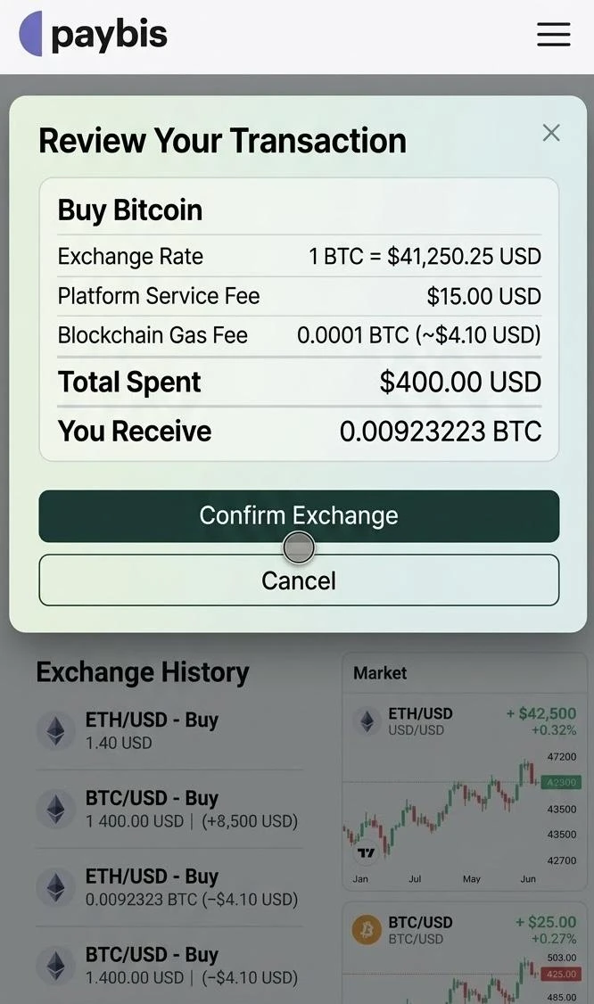 Paybis transaction review showing fees and total