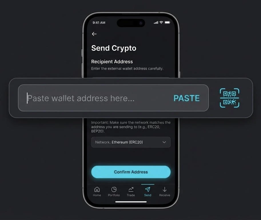 Crypto wallet recipient-address entry screen