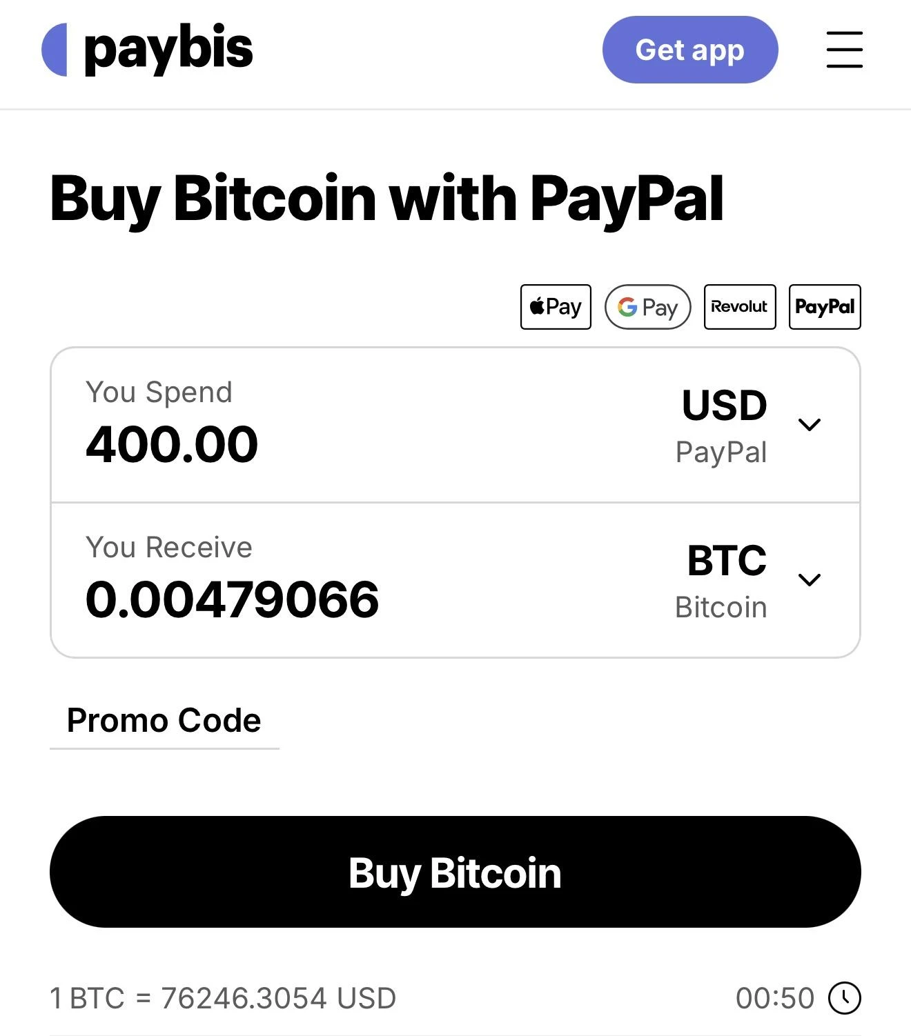 Paybis Bitcoin purchase screen with PayPal selected