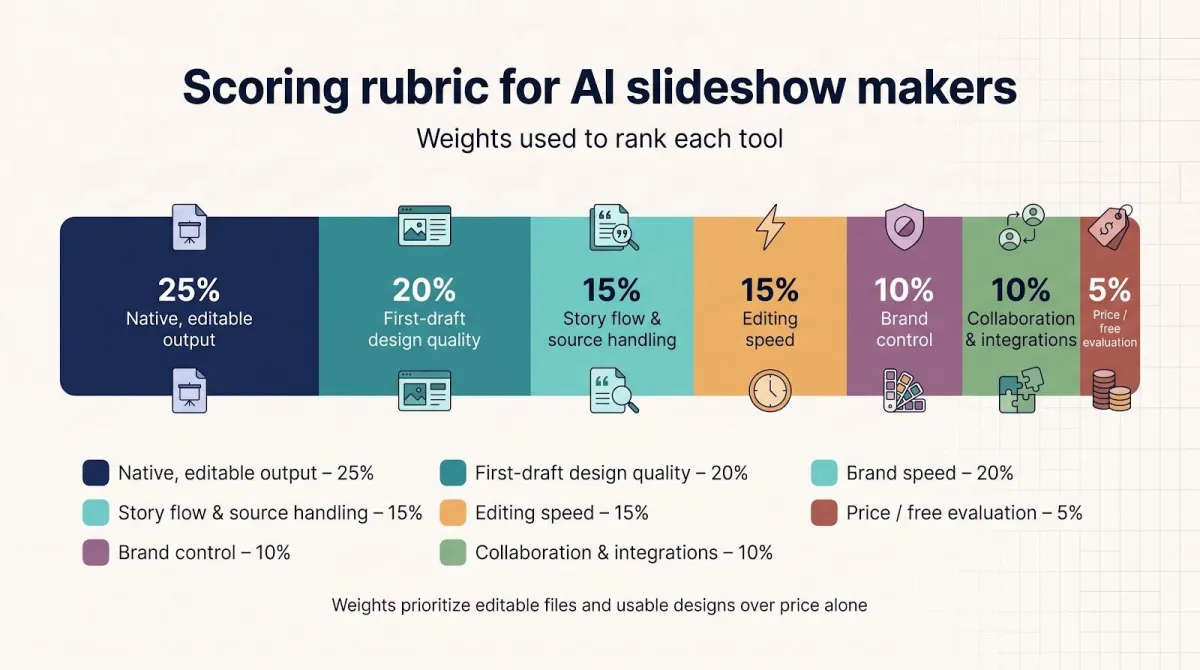 Weighted scoring rubric for AI slideshow makers