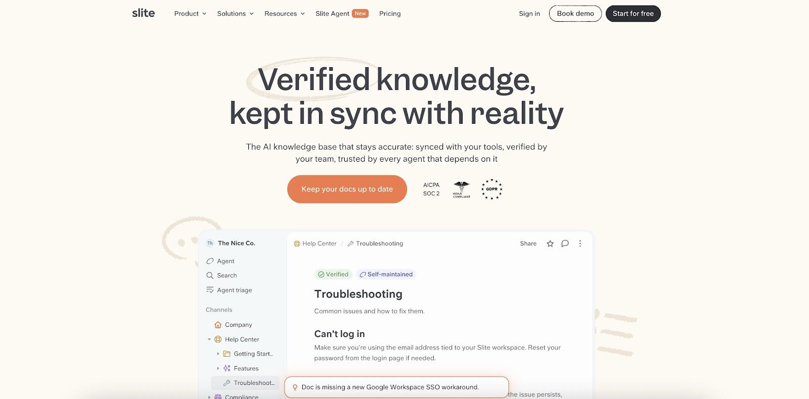 Slite knowledge base homepage