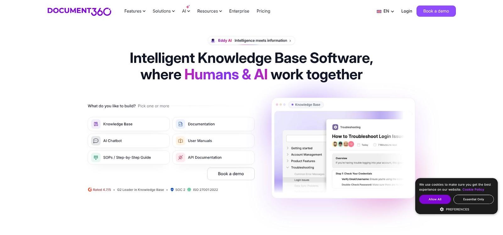 Document360 knowledge base homepage