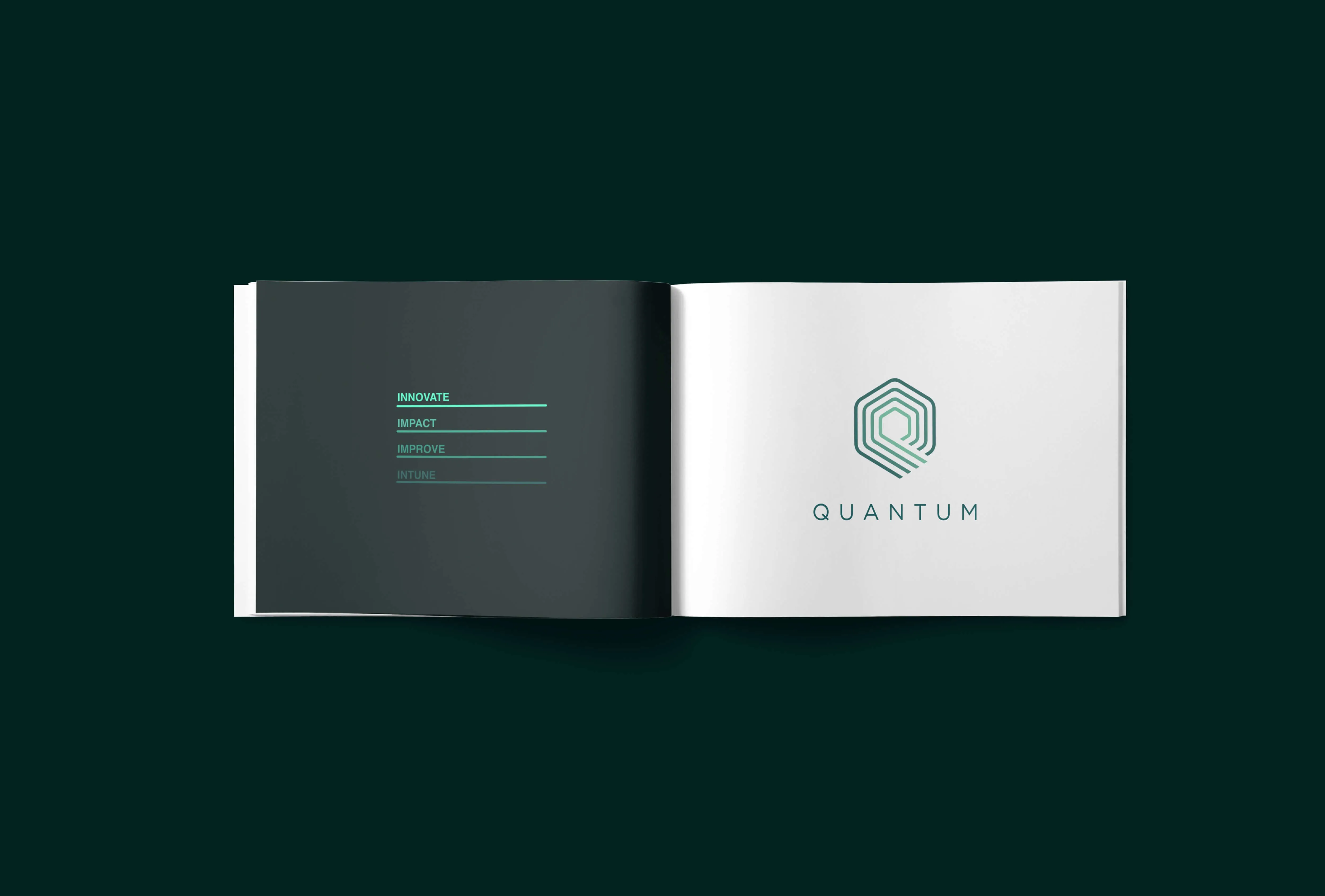 mock up of a quantum brochure on a dark green background