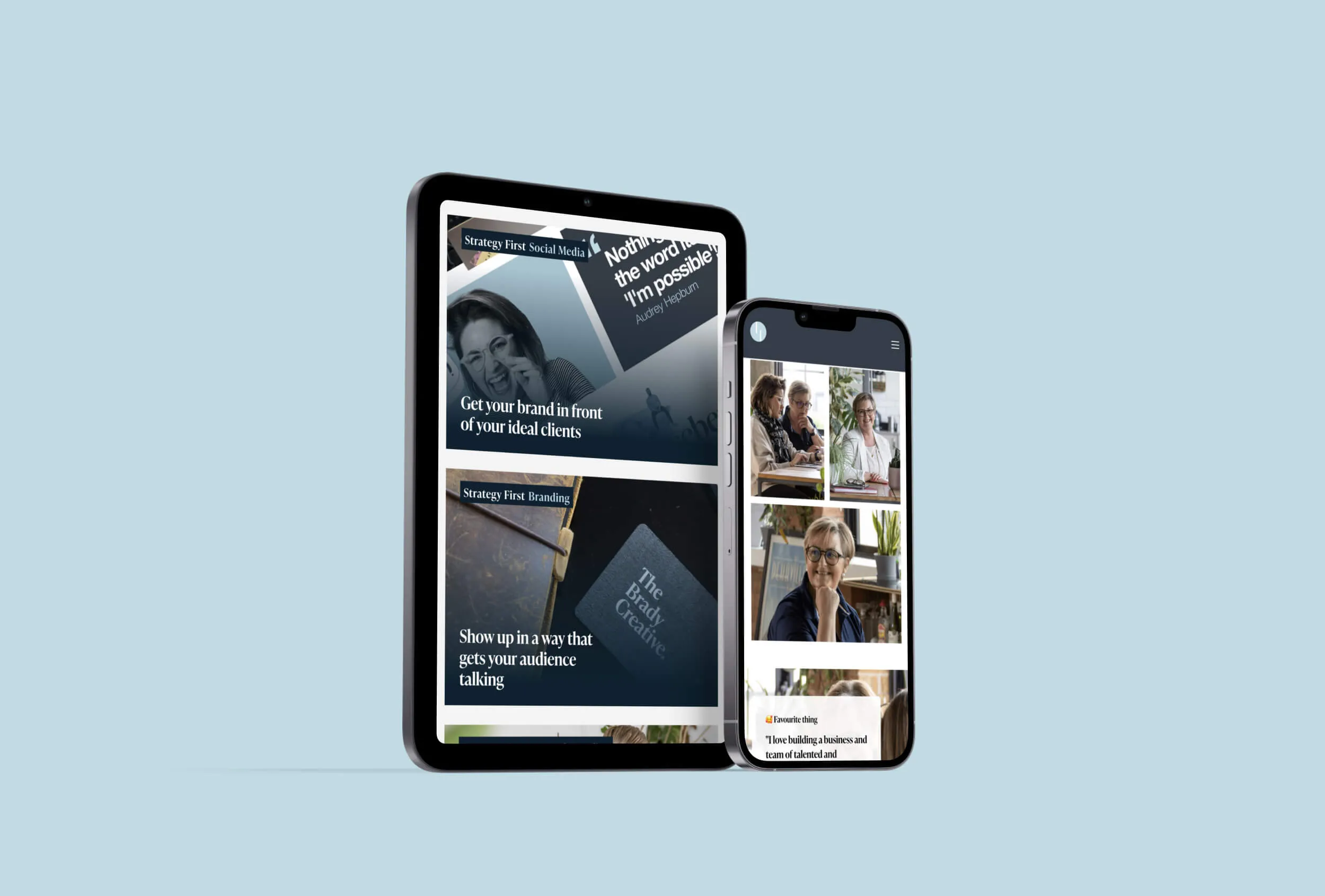 side by side tablet and mobile mock up on a light blue background