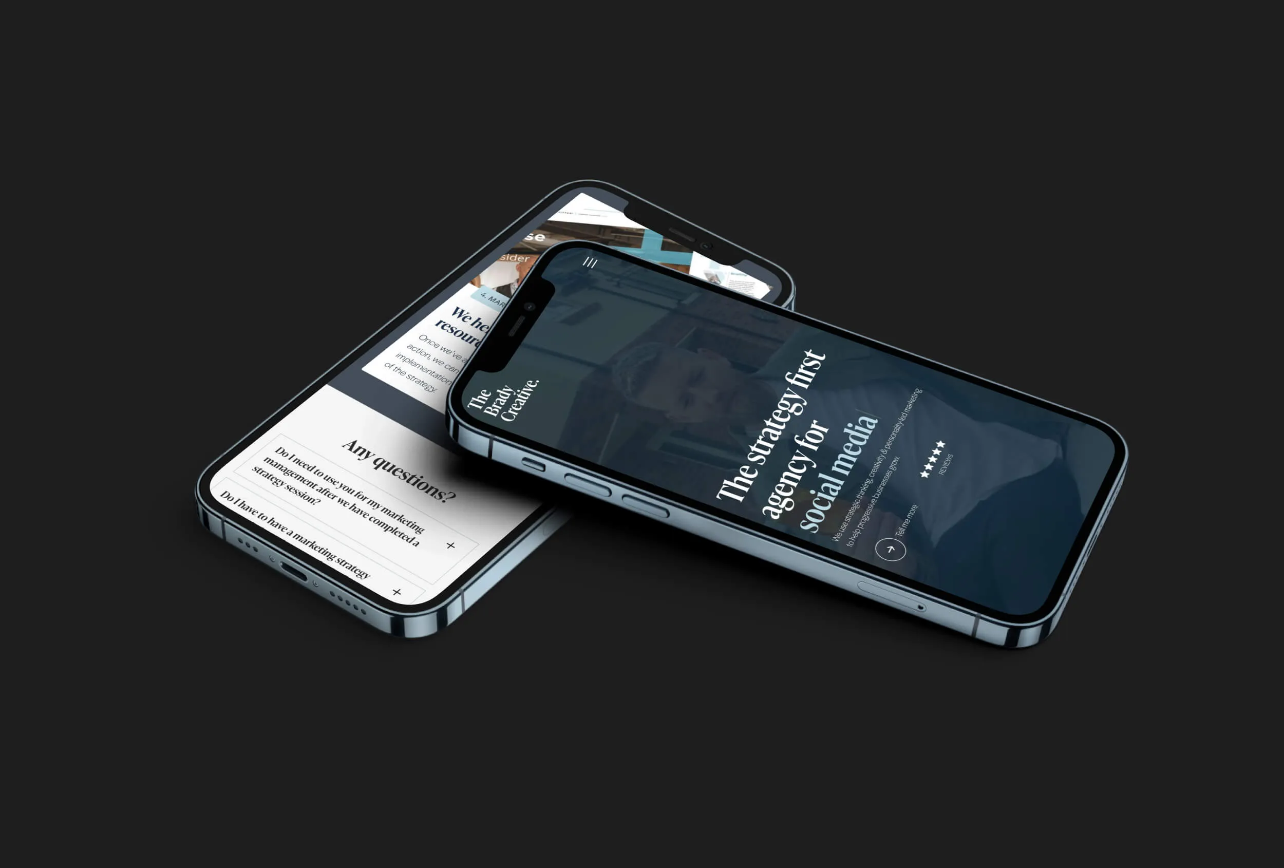 two mobile mock ups of the brady creative on a dark background