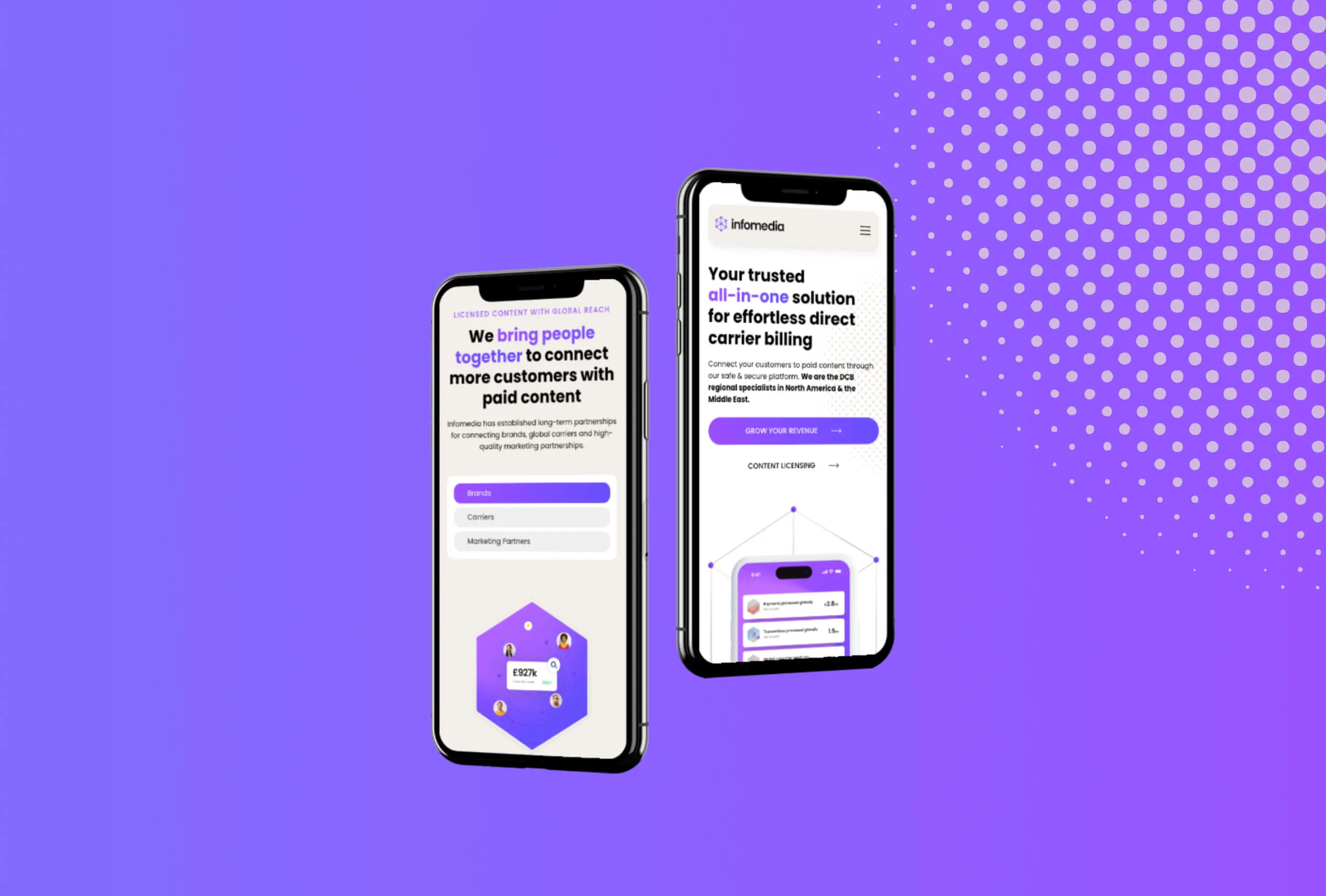 Infomedia home page on mobile mock up with purple gradient background