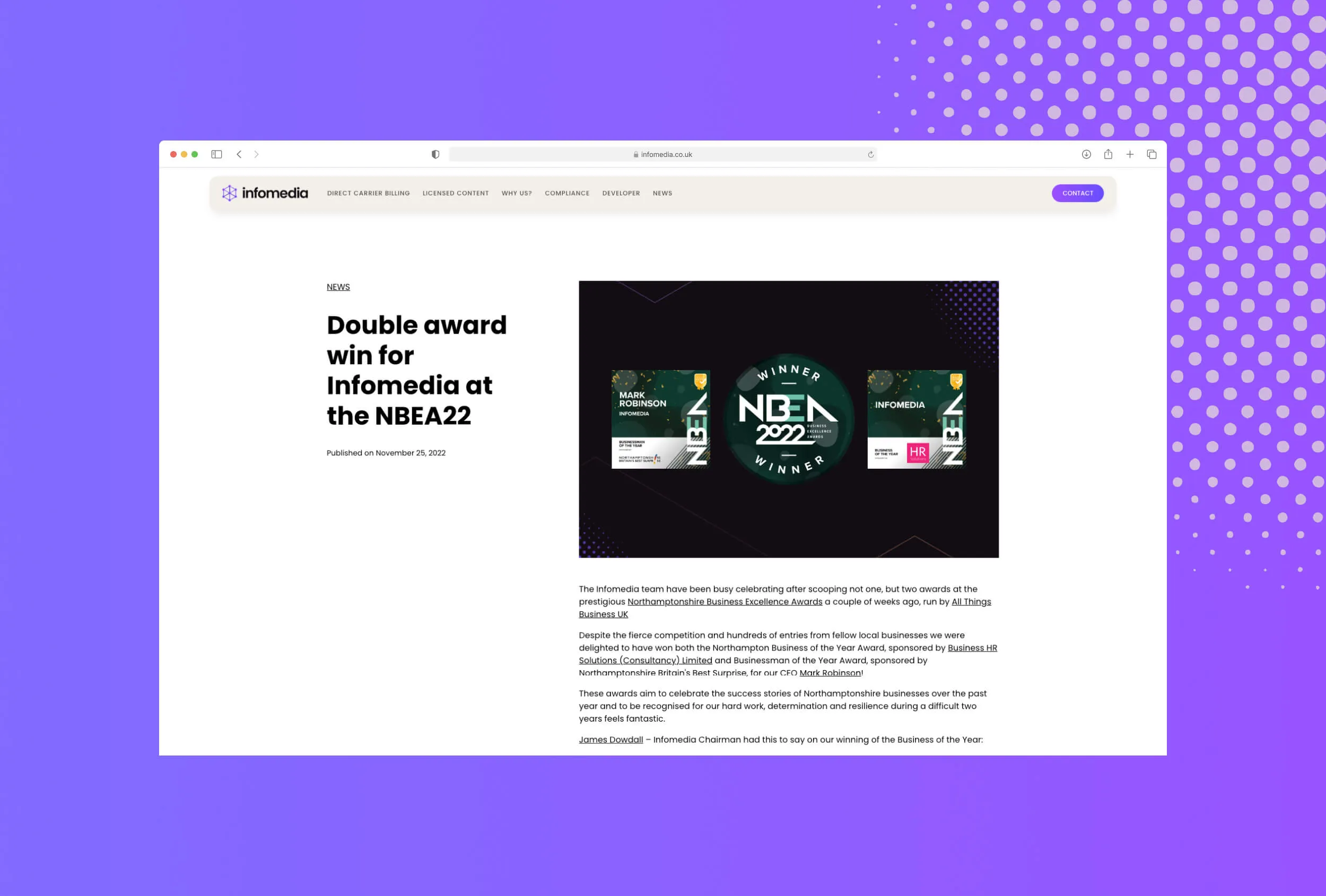 desktop website mock up of infomedia's news page with purple gradient background