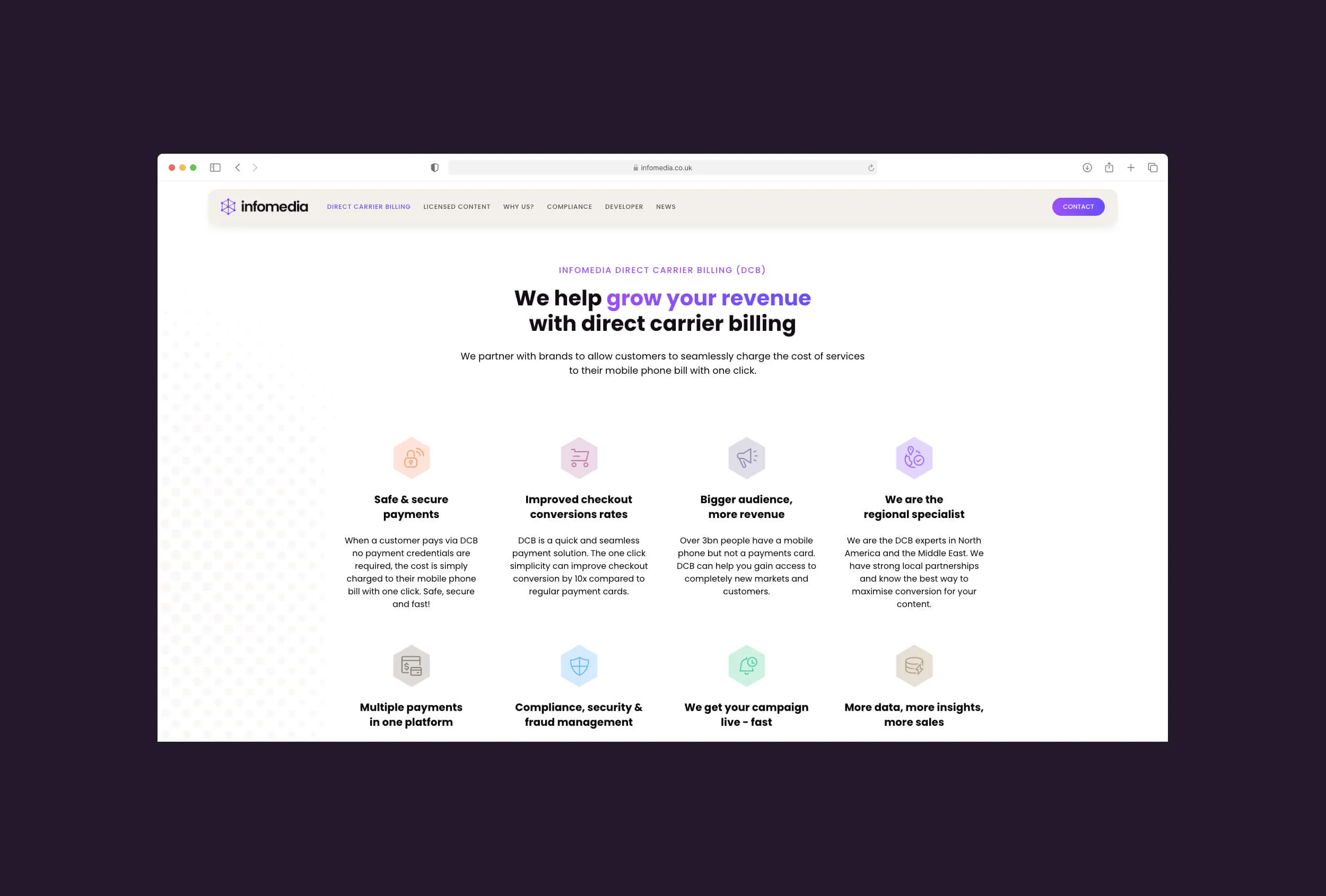 desktop website mock up of infomedia company features with icons
