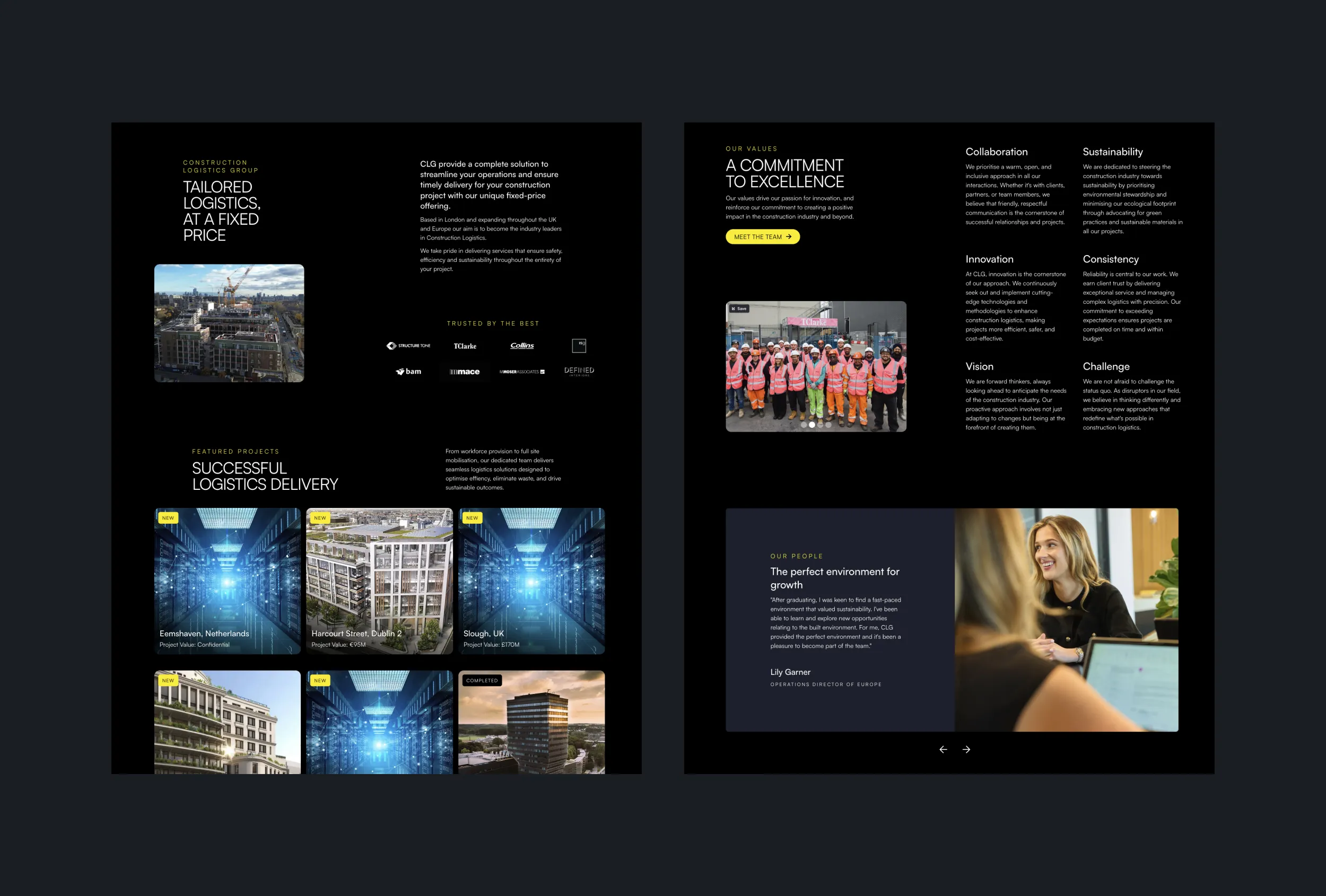 Two Construction Logistics Group desktop screens showing tailored logistics pricing, project galleries and a 'Commitment to excellence' page with team photography