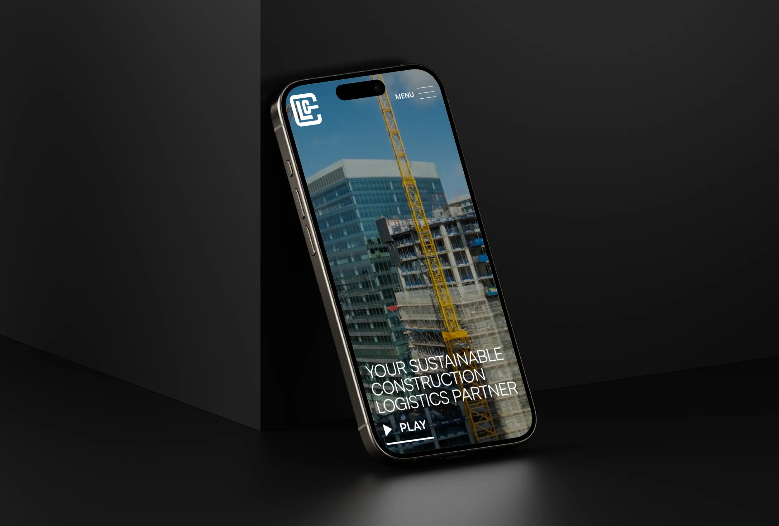 Mobile mockup of Construction Logistics Group, hero 'Your sustainable construction logistics partner' over a tower crane and glass building