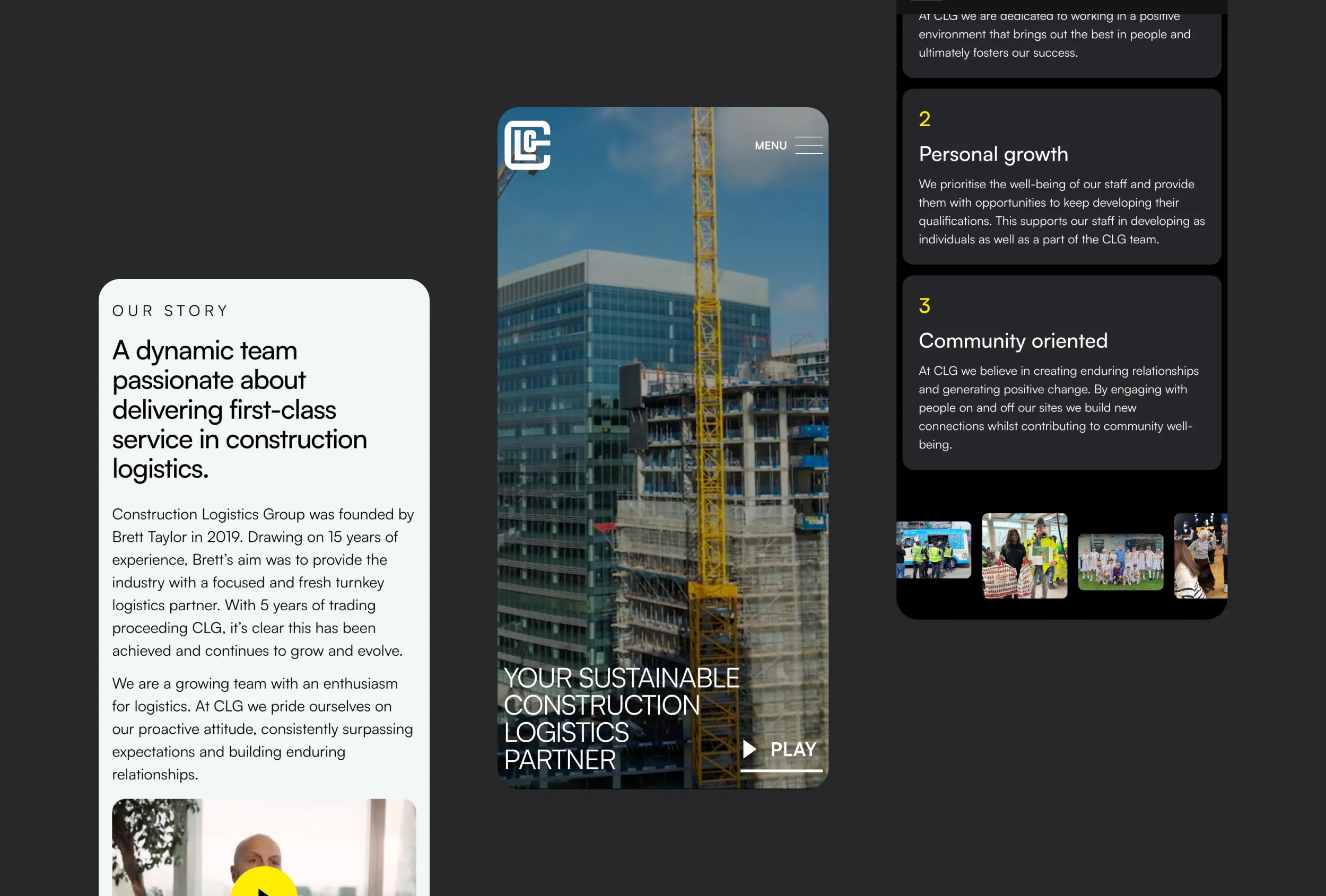Mobile mockups of the Construction Logistics Group 'Our Story' page and a company values list
