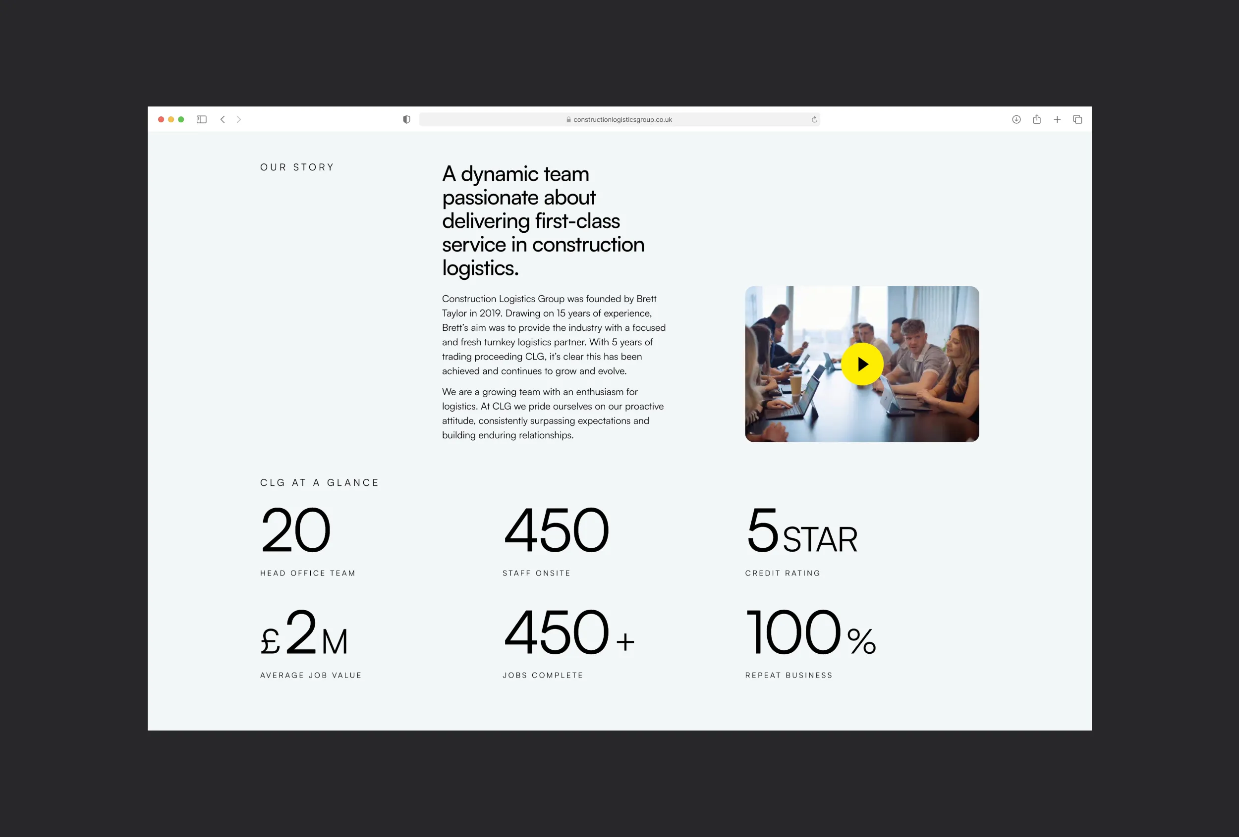 Construction Logistics Group desktop mockup, 'A dynamic team passionate about delivering first-class service in construction logistics', with key stats