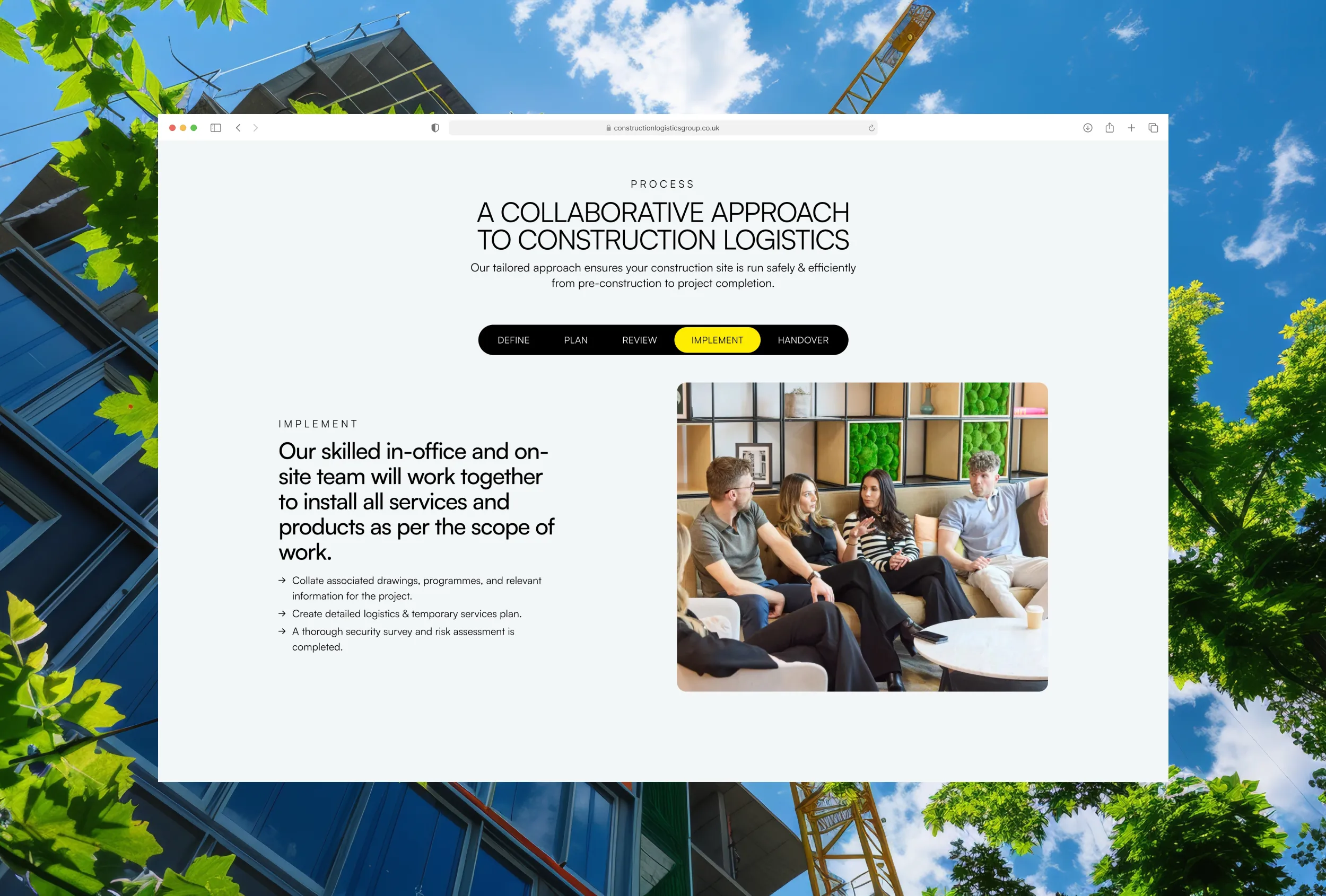 Construction Logistics Group desktop mockup, 'A collaborative approach to construction logistics' over glass architecture, with a process tab bar and team meeting photo