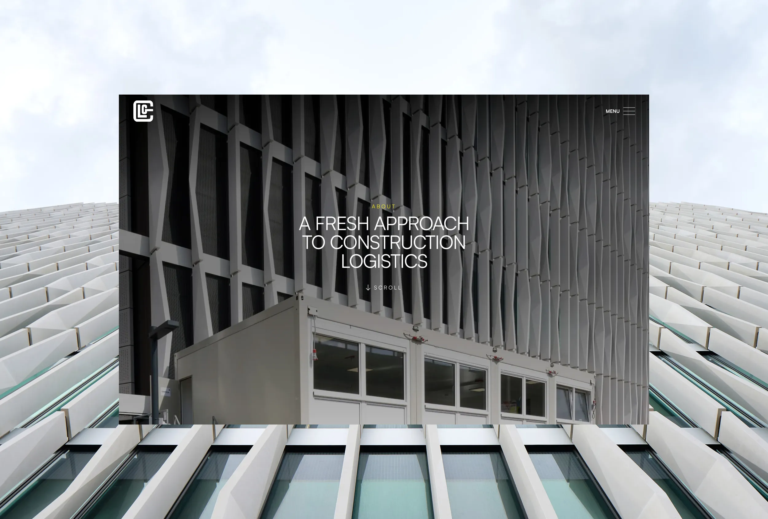 Construction Logistics Group desktop hero 'A fresh approach to construction logistics' set against a textured grey patterned building facade