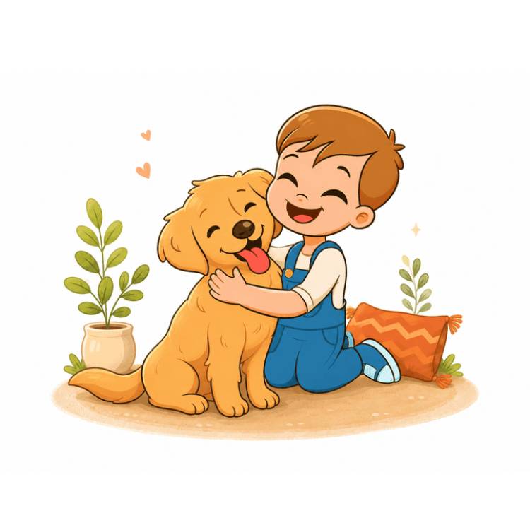 A smiling boy in blue overalls hugs a happy golden retriever, drawn in a clean-line children's book style with flat colors on a white background