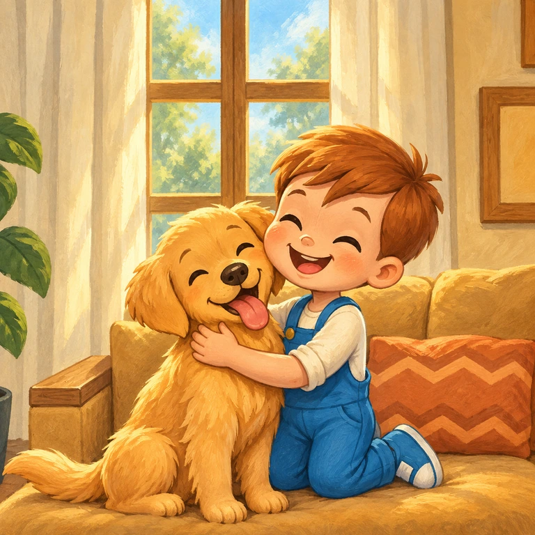 The same boy and golden retriever hugging on a sofa by a sunny window, painted in a textured, painterly children's book style with visible brush strokes