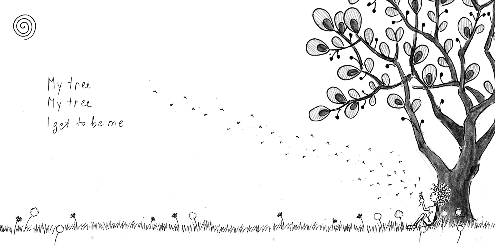 Pencil sketch of a tree with a child for A Tree for Me