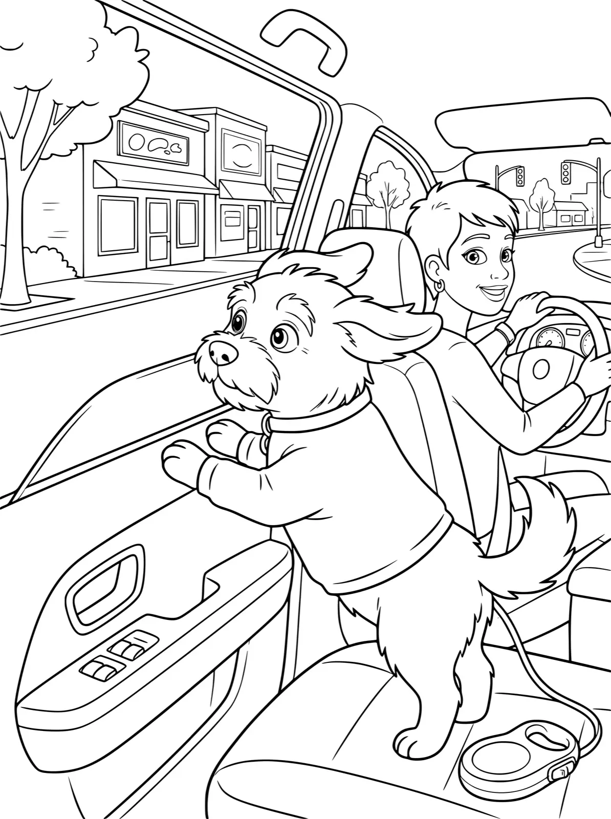 Line art of a dog riding in a car for Casey's Wings