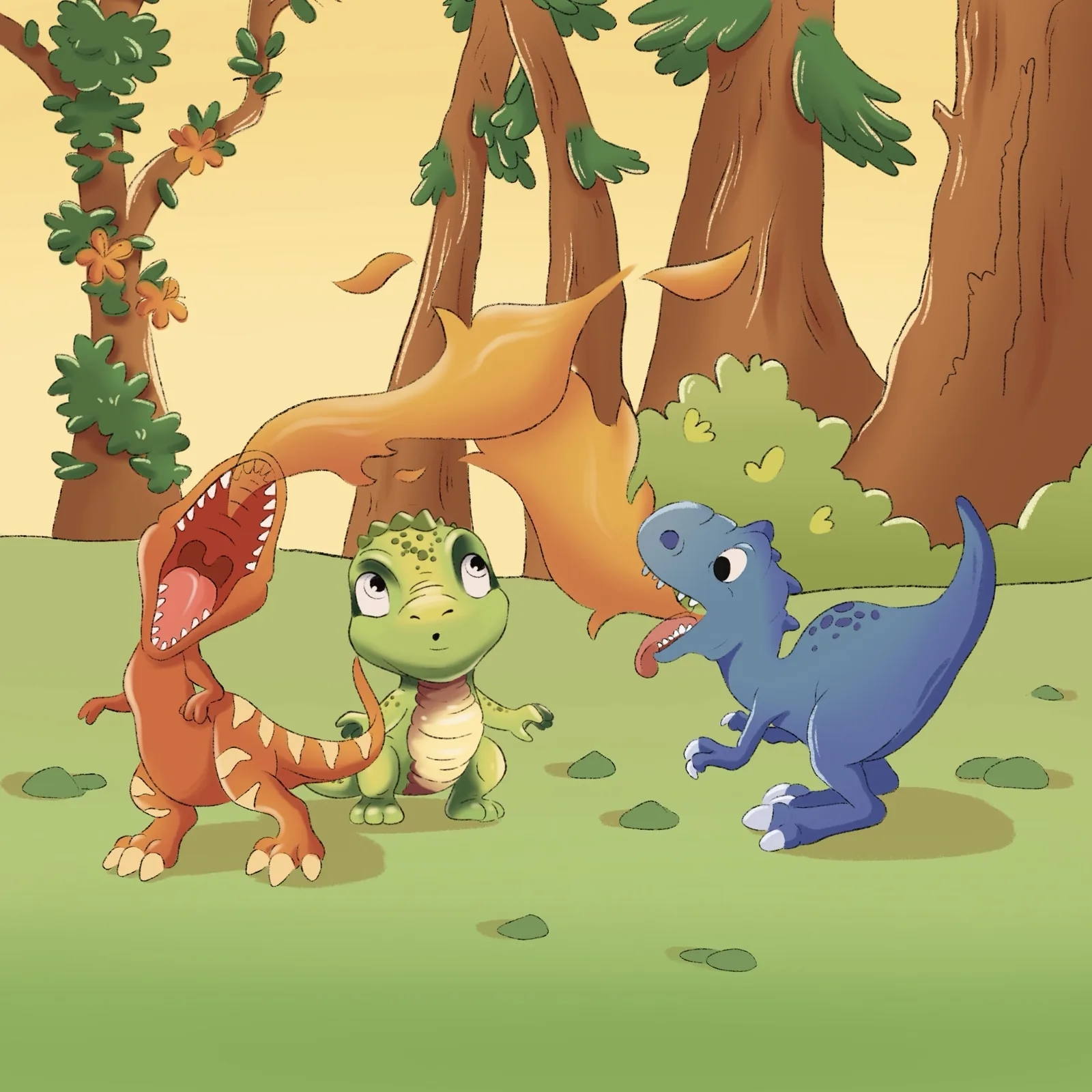 Color illustration of Domenico the dinosaur in a forest, Hear Me Roar