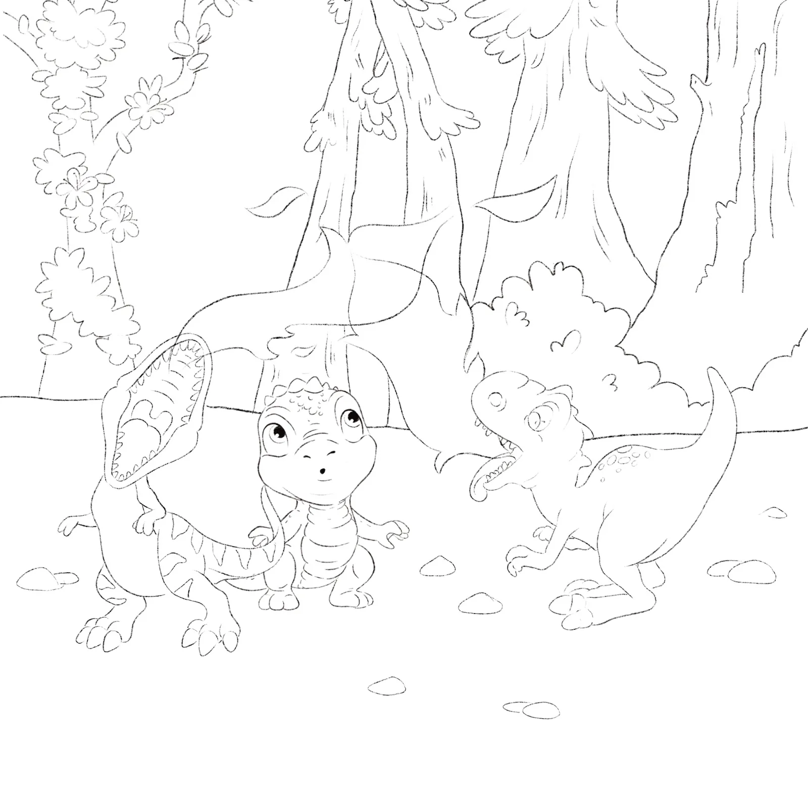 Pencil sketch of a little dinosaur in a forest for Hear Me Roar