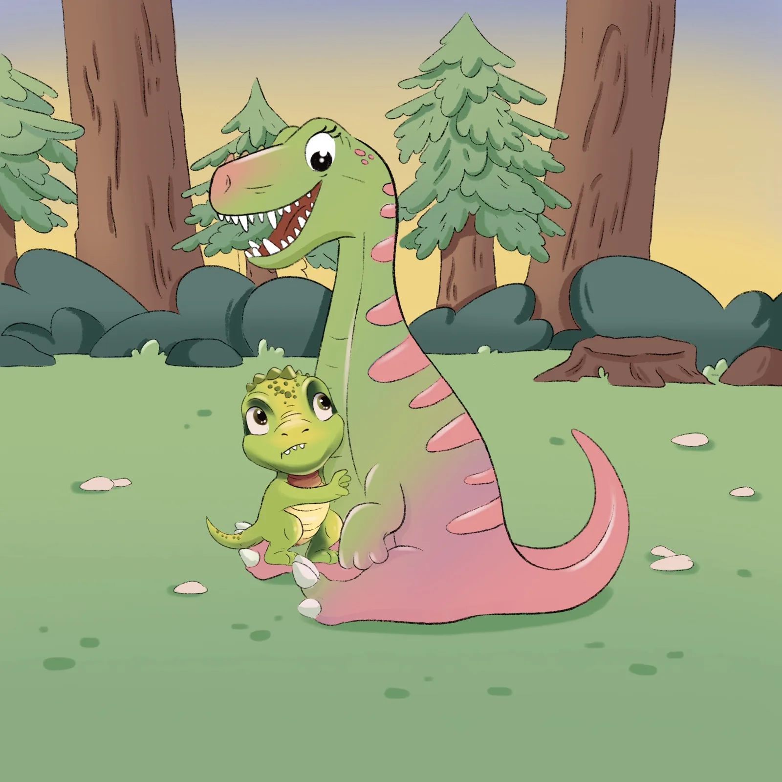 Color illustration of dinosaurs in a sunny forest, Hear Me Roar