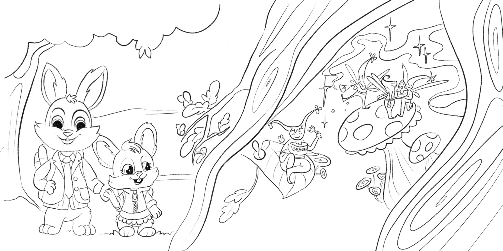 Pencil sketch spread of rabbits in a garden for Hopping Through Life