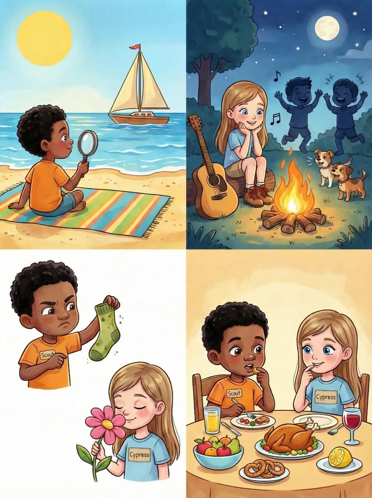 Color illustration of four panels of children exploring their senses, Sensory Explorers