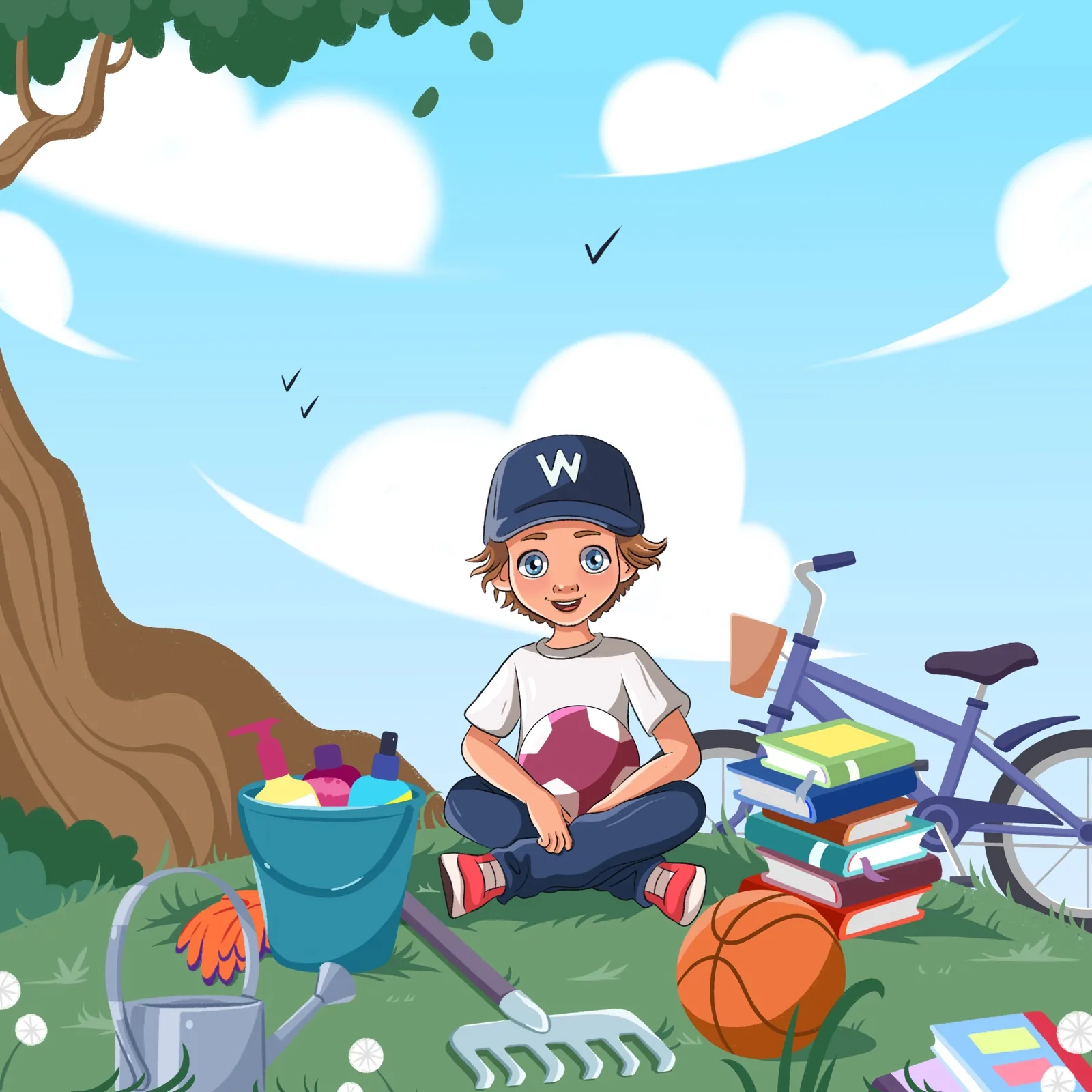 Front cover art of a boy in a baseball cap with toys, Workie picture book