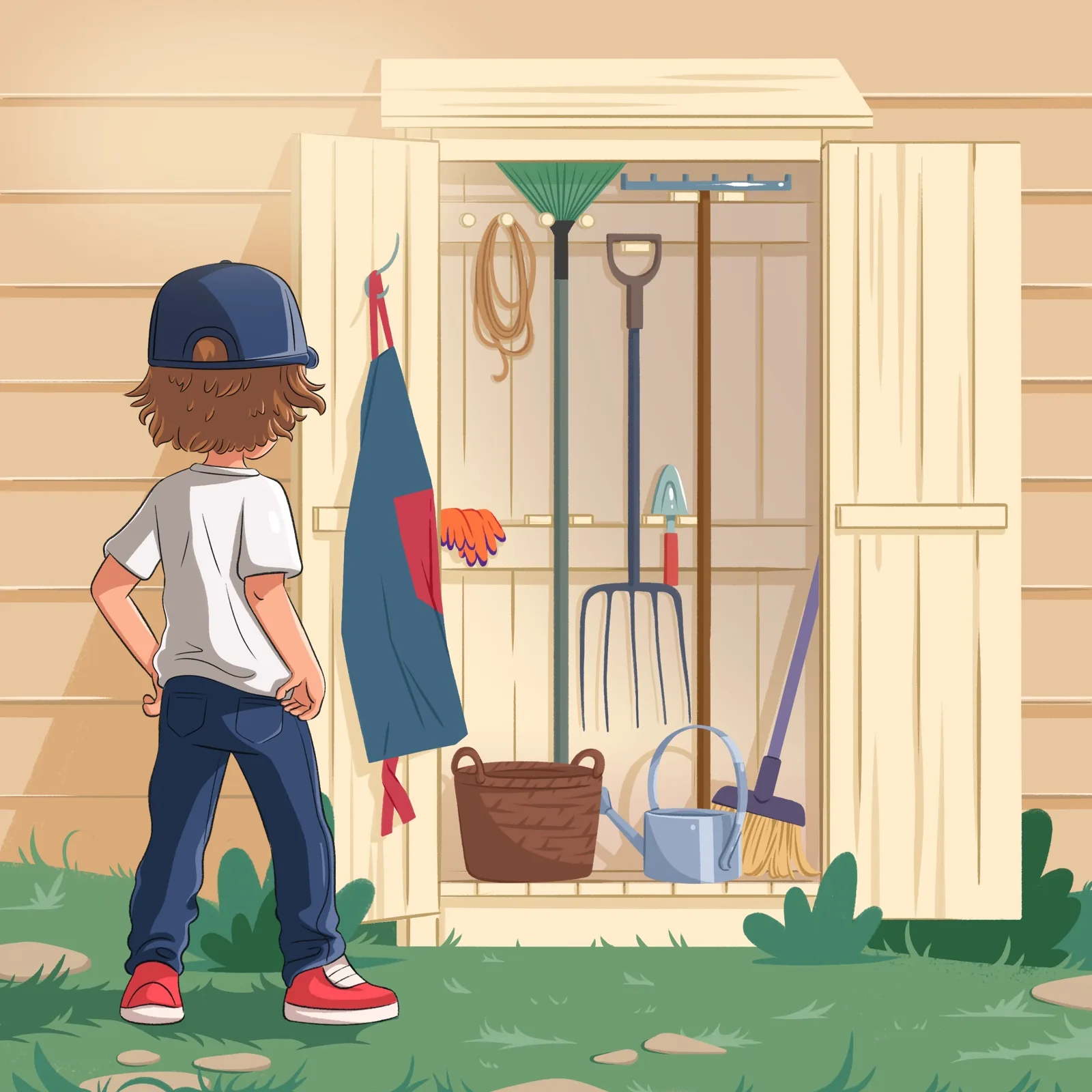 Color illustration of a boy and a garden shed, Workie picture book