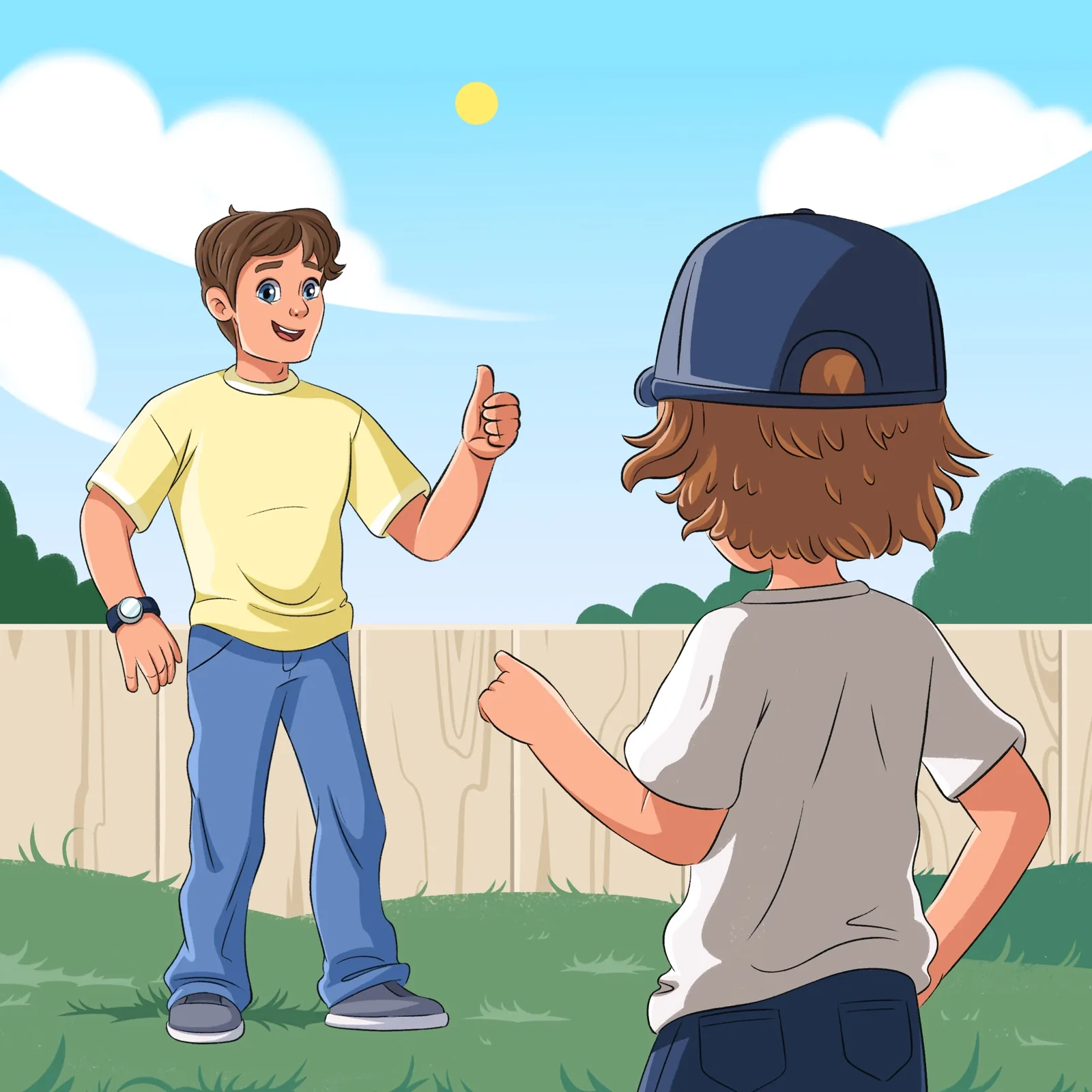 Color illustration of a dad talking with his son outdoors, Workie picture book