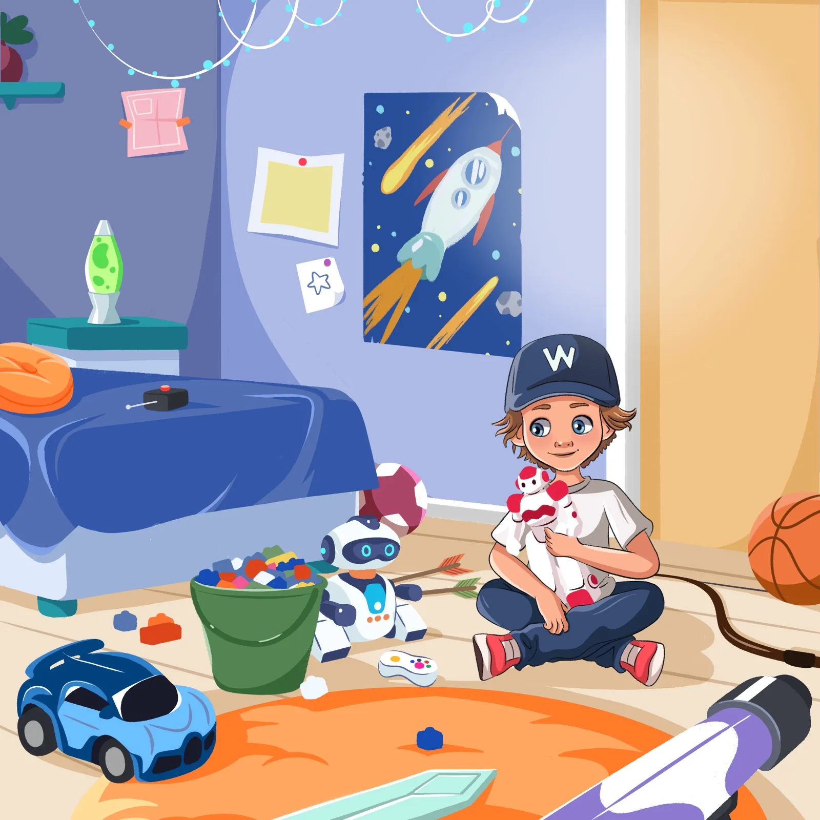 Color illustration of a boy in a messy bedroom, Workie picture book