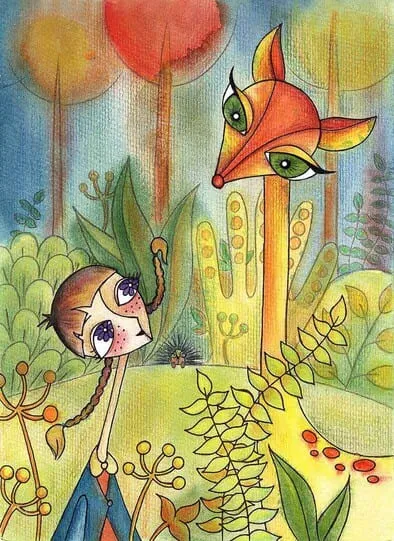 Whimsical watercolor children's book illustration featuring a girl and fox in an enchanted forest