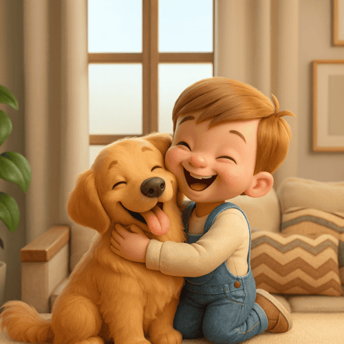 3D-rendered illustration sample — child and dog scene