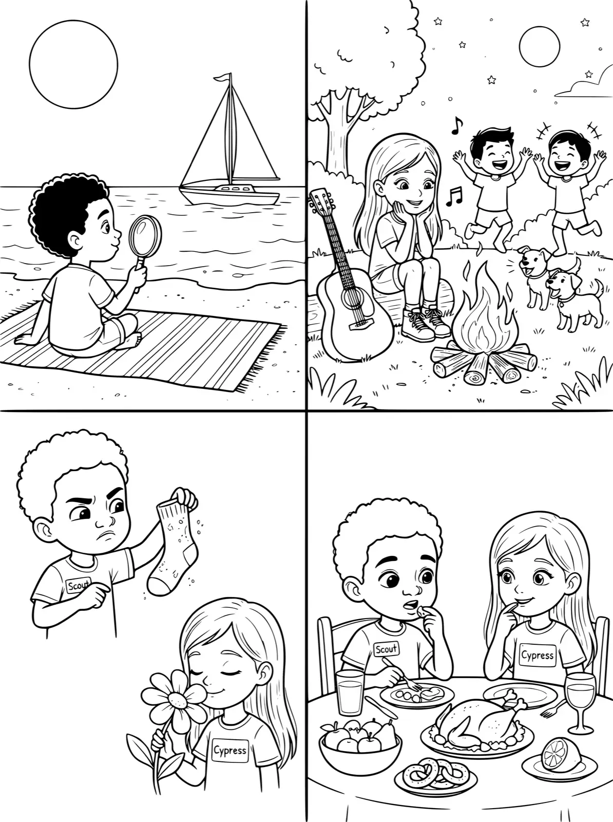 Black-and-white line art of four sensory play scenes for Sensory Explorers
