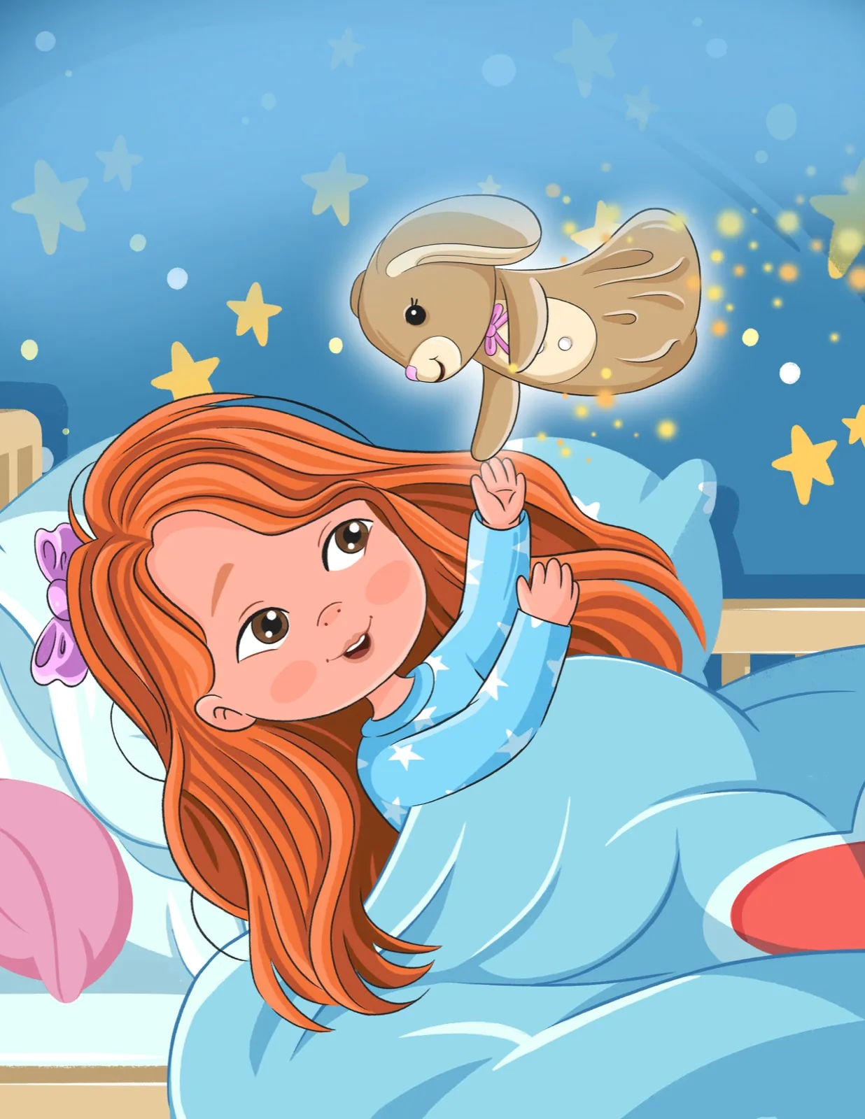 Final color illustration of a red-haired girl flying with her bunny lovey, The Magic Lovey