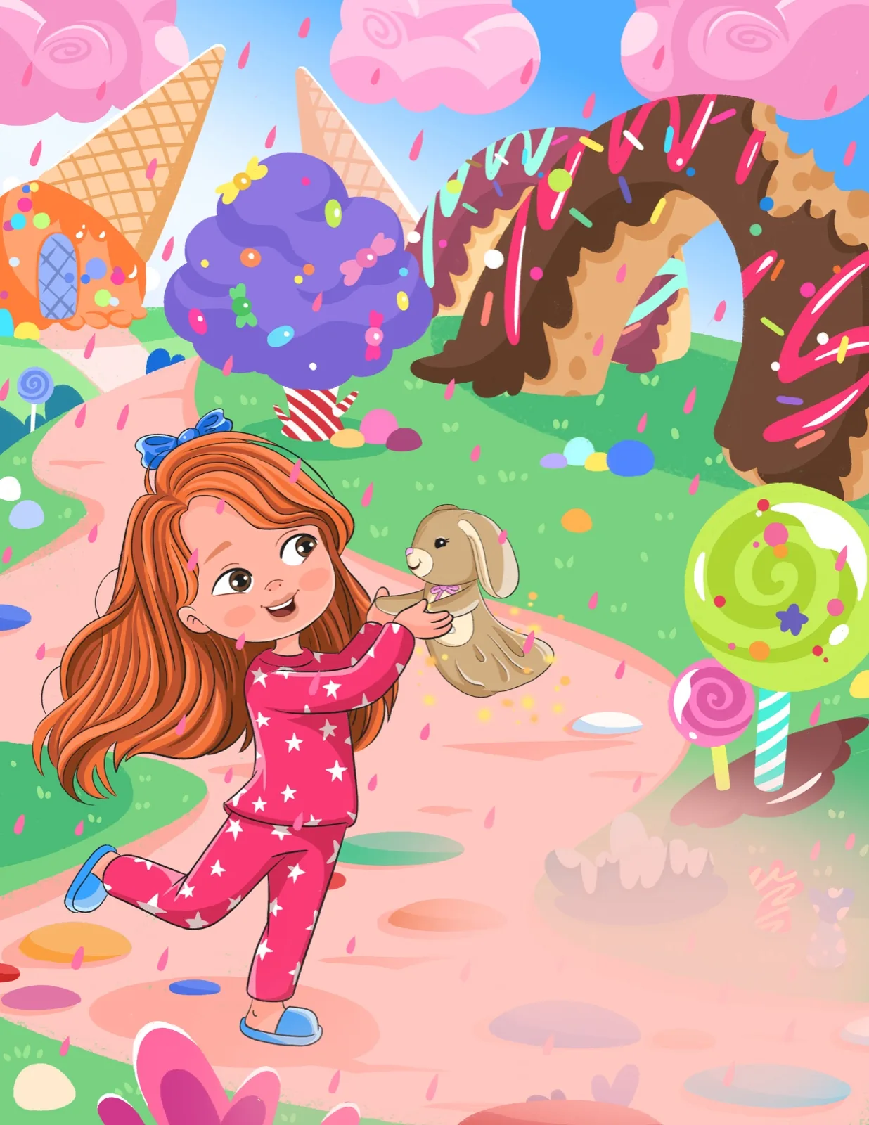 Color illustration of a girl in a candy dreamland with bunnies, The Magic Lovey