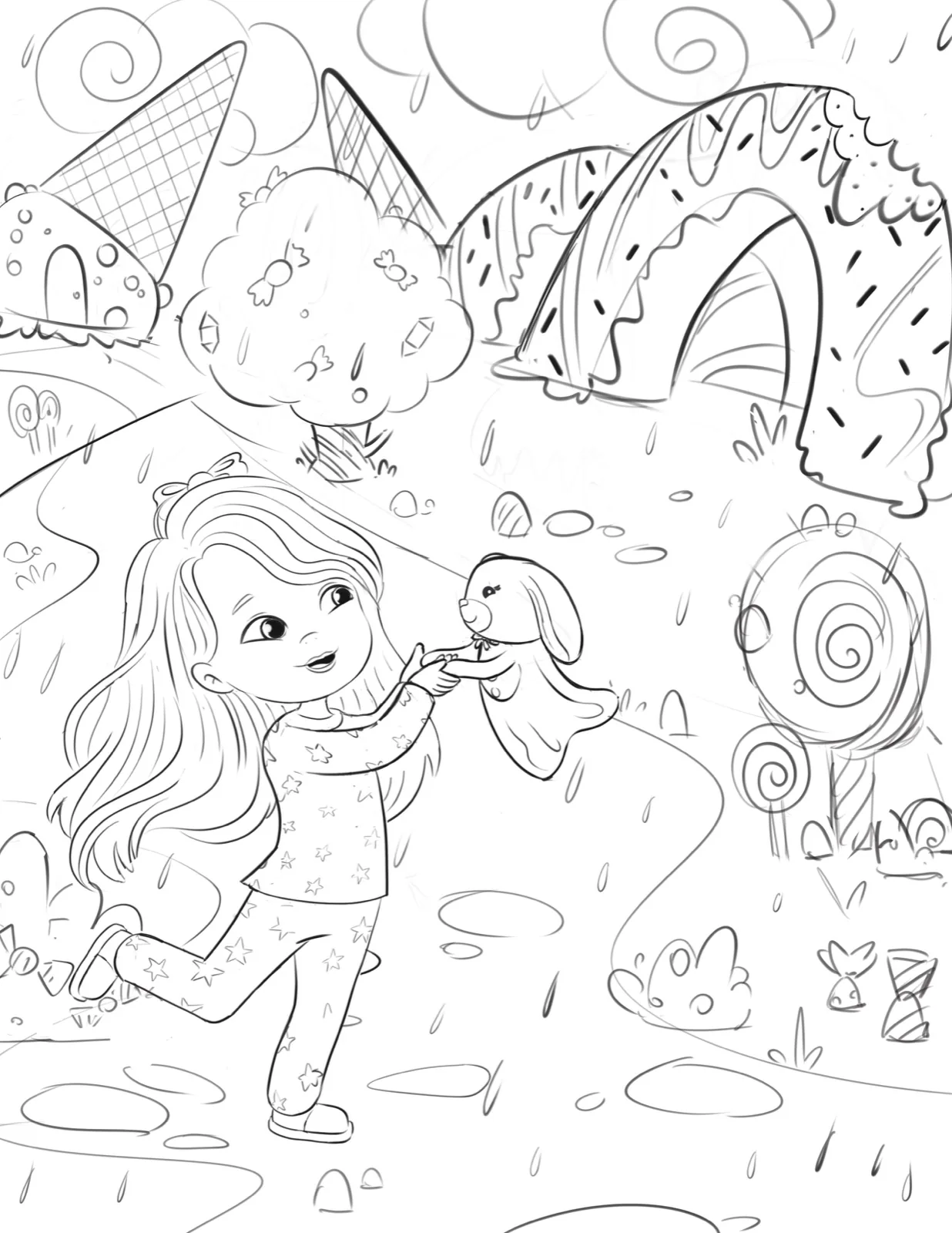 Pencil sketch of a dreamland scene for The Magic Lovey