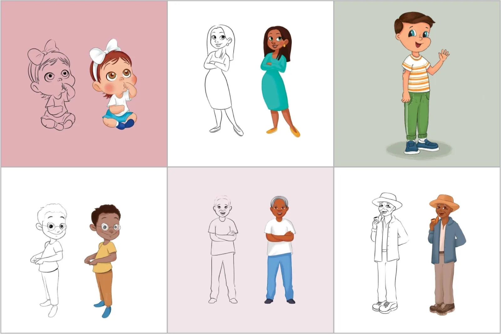 Children's book character designs shown as line sketches next to colored versions