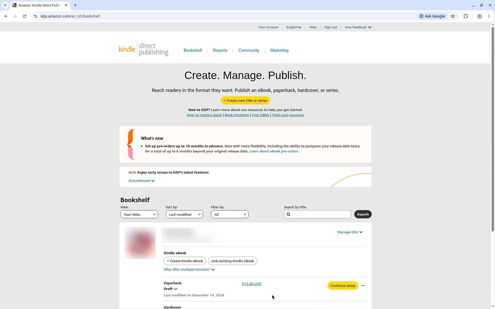 Amazon KDP Bookshelf page with the Create new title or series button; personal book details blurred