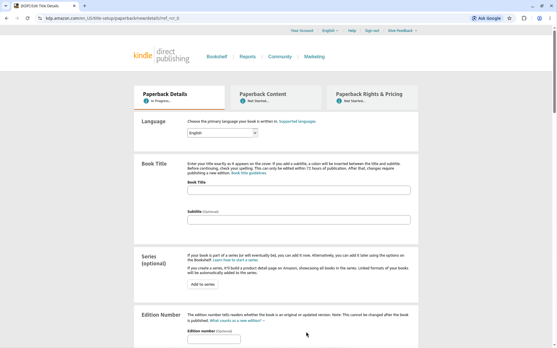 KDP Paperback Details page, top section with empty Language, Book Title and Subtitle fields