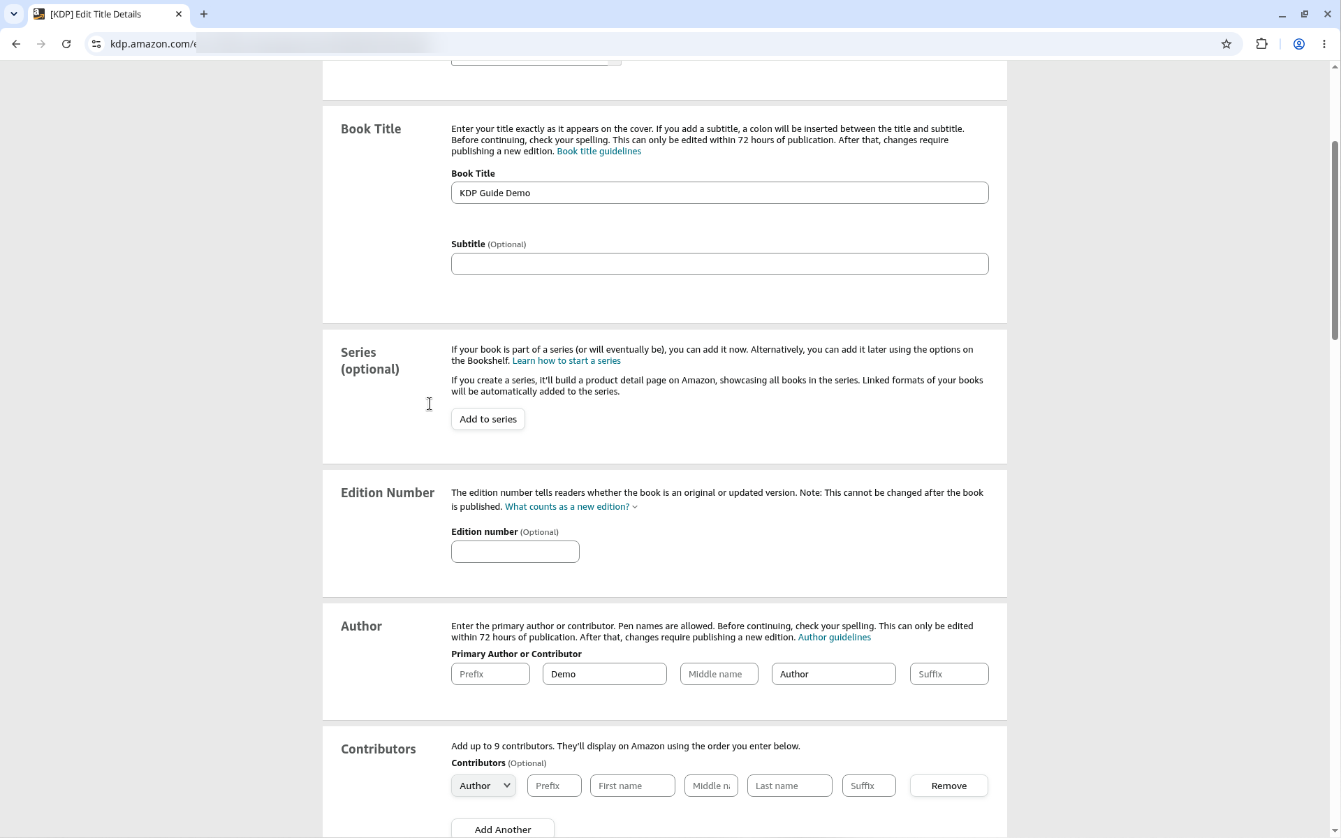 KDP Paperback Details page showing Book Title, Series, Edition Number and Author fields