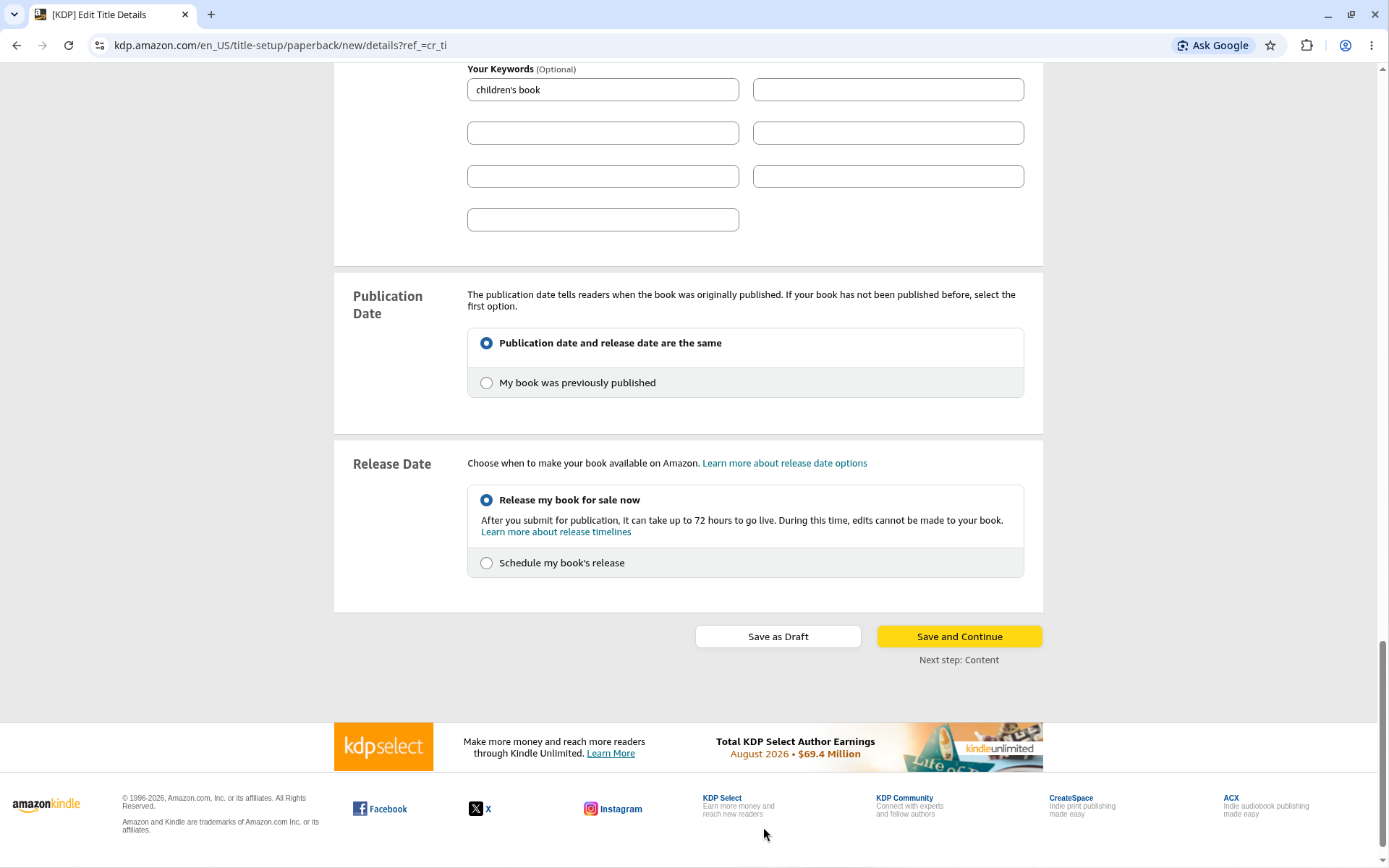 Bottom of the KDP Paperback Details page with Publication Date, Release Date and the Save and Continue button