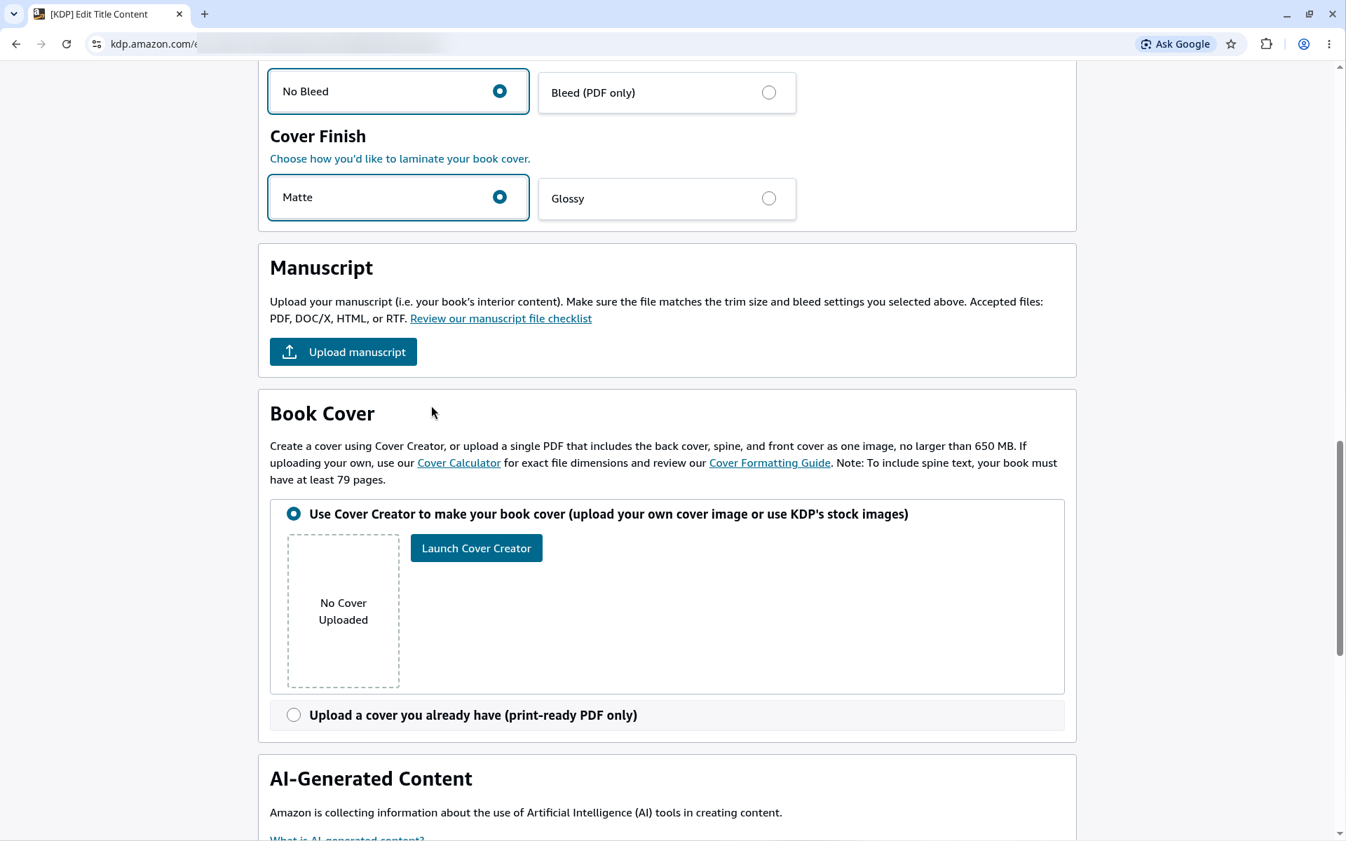 KDP Manuscript section with the Upload manuscript button and Book Cover options