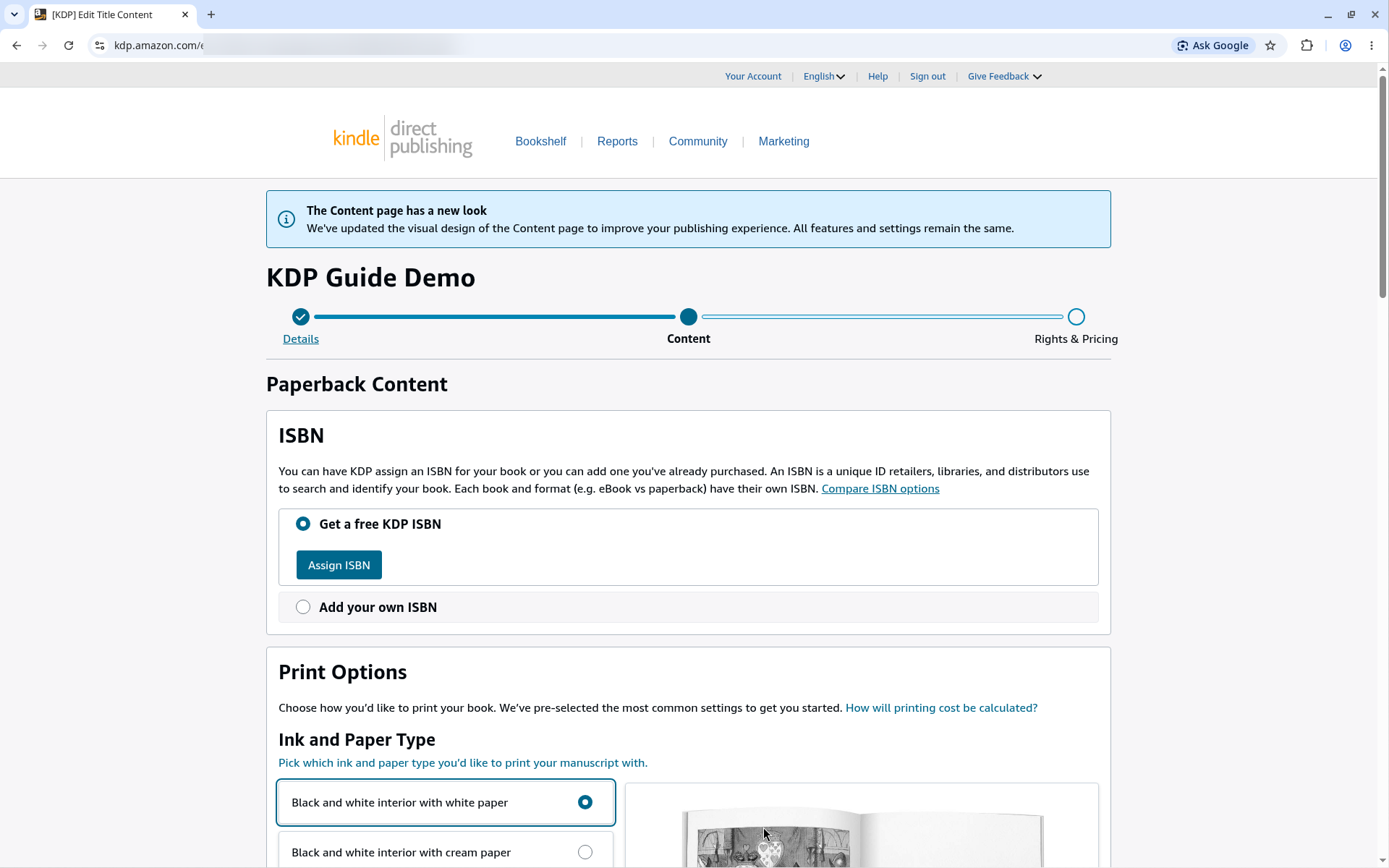 KDP Paperback Content page ISBN section with Get a free KDP ISBN and Add your own ISBN options